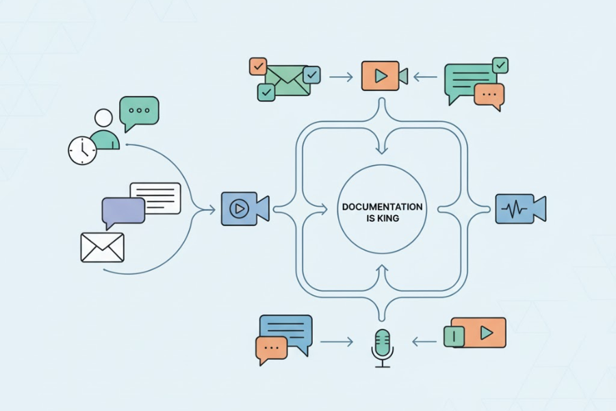 Abstract illustration of chat, email, and video icons organized by clean lines, representing a structured, asynchronous communication flow for remote teams.
