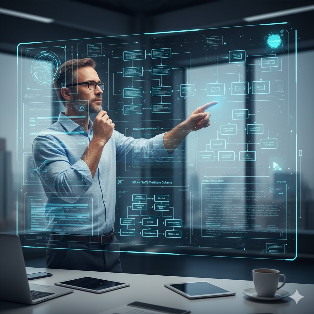 5 Key Skills to Look for in a Senior Remote Backend Engineer 2 Senior backend engineer at a whiteboard, designing complex microservices architecture, database choices (SQL vs. NoSQL), and scalable API flows.