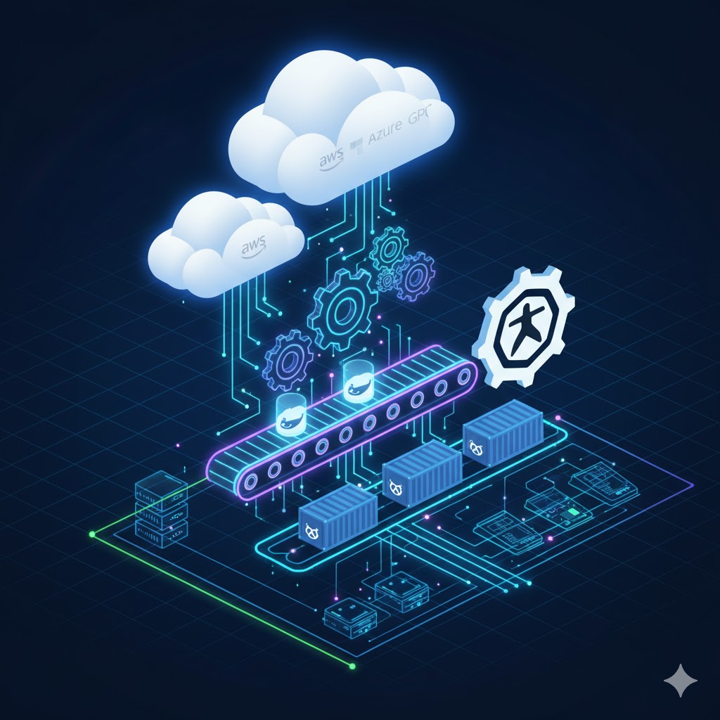 5 Key Skills to Look for in a Senior Remote Backend Engineer 5 Dynamic illustration of a cloud and DevOps pipeline with AWS/Azure/GCP clouds, CI/CD automation, Docker containers, and Kubernetes for seamless deployment.