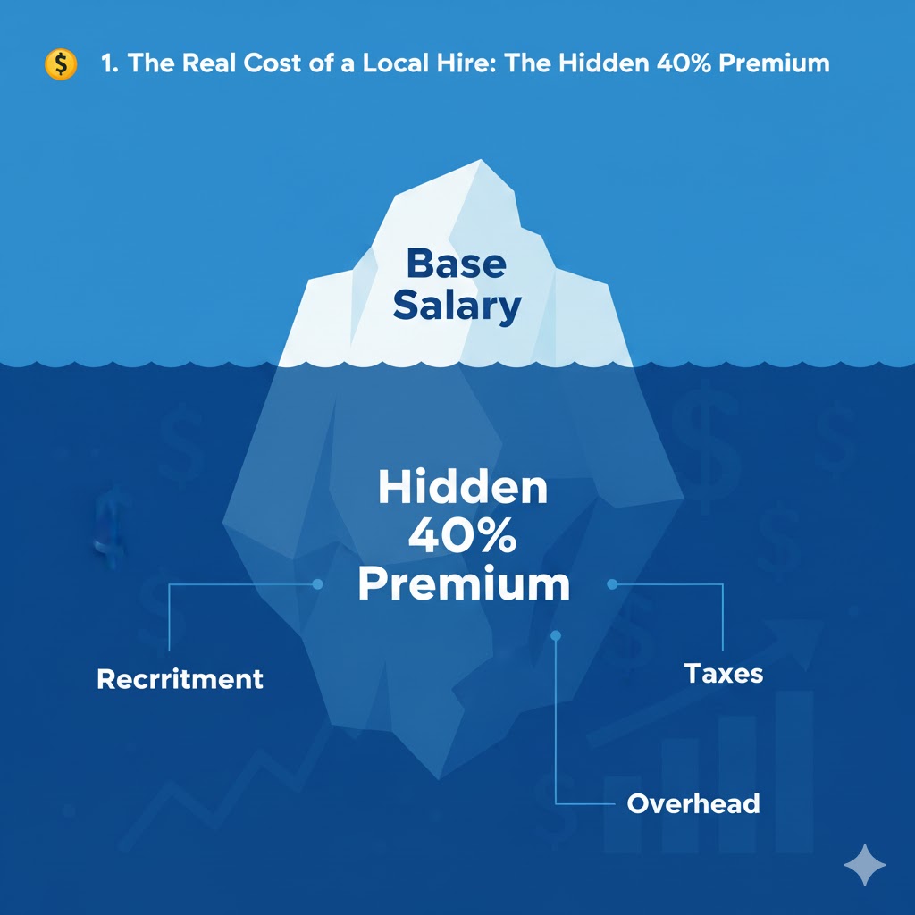 The True Cost Comparison: Local Hire vs Remote Engineer Dispatch 2 Iceberg chart showing only the tip (Base Salary) above water, with the massive, submerged bulk labelled as the "Hidden 40% Premium.