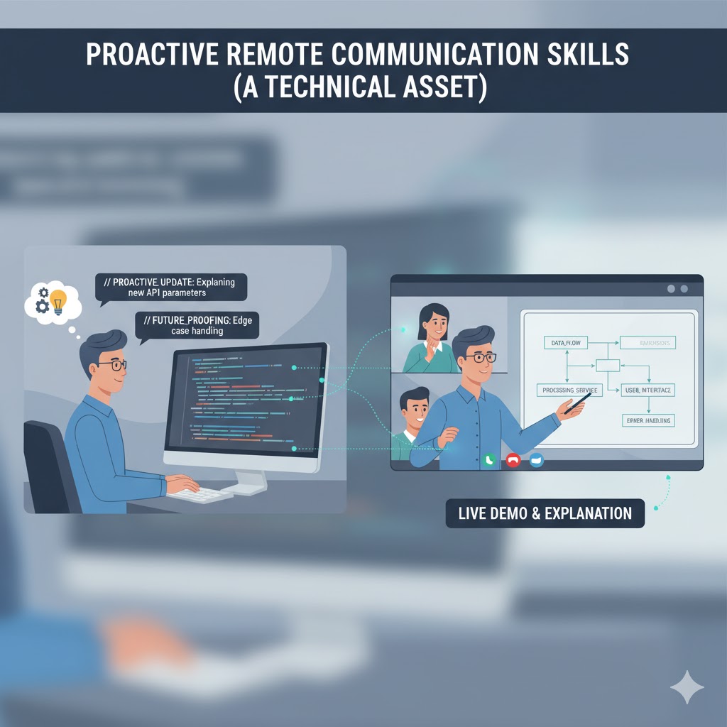 5 Key Skills to Look for in a Senior Remote Backend Engineer 3 Split illustration showing a remote engineer typing clear documentation and actively explaining technical decisions on a video call, emphasizing proactive communication.