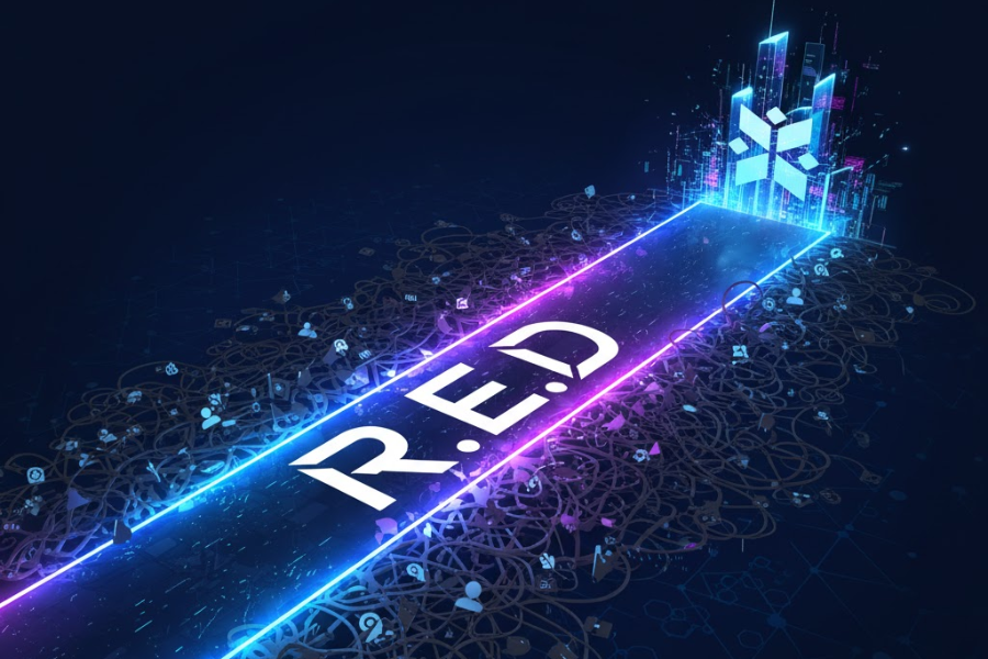 Dynamic digital graphic showing the R.E.D. pathway cutting through chaos toward a successful, organised endpoint, symbolising the fastest solution for remote team integration.
