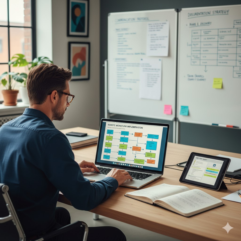 Professionally reviewing digital process flowcharts and documentation on a laptop to audit workflows for a remote team transition.