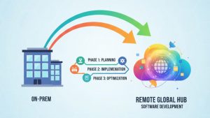 Infographic showing the three-phase process (Planning, Implementation, Optimization) for a seamless transition from on-premise (ON-PREM) to a remote global software development hub (REMOTE GLOBAL HUB).