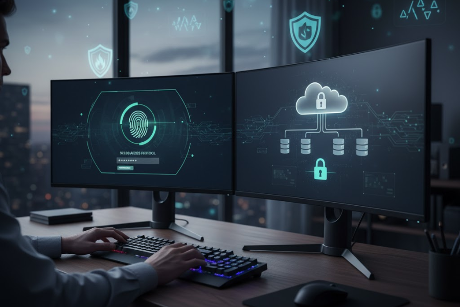 Workspace with monitors showing secure login and encryption symbols, representing the necessary tools and infrastructure for a secure remote development environment.
