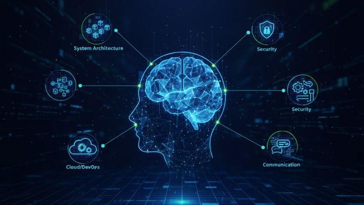 Magnifying glass looking past code to reveal intricate system architecture, symbolizing vetting senior remote backend engineers beyond basic coding