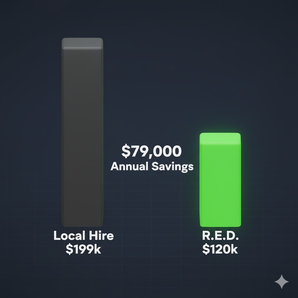 The True Cost Comparison: Local Hire vs Remote Engineer Dispatch 4 Bar chart comparing the high cost of a "Local Hire" against the significantly lower, green column representing the "R.E.D. Fee," highlighting a $79k saving.