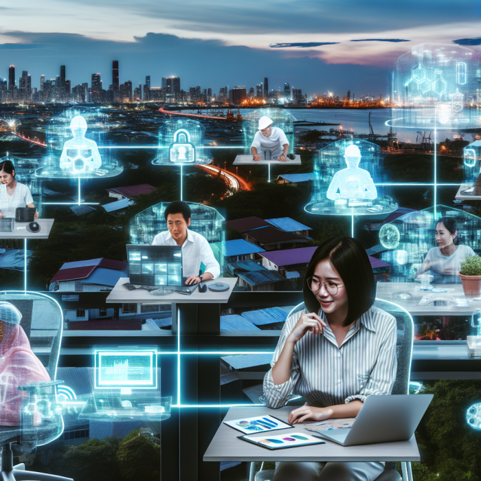 A diverse group of remote engineers collaborating across the globe, visualized as a single cohesive scene that blends multiple locations into one seamless wide shot. In the foreground, a young female engineer in Southeast Asia sits at a neat home workspace: ergonomic chair, laptop with multiple screens, digital schematics and 3D models of industrial facilities and energy infrastructure glowing on her monitors. Her background subtly shows a tropical city skyline through a window, hinting at Malaysia, with warm daylight streaming in. Around her, in a circular composition, several other engineers appear in their own environments, connected by glowing, flowing digital lines and holographic interface elements: – A male engineer in a modest apartment with a whiteboard of equations and pipeline diagrams, wearing a headset, speaking mid-meeting. – A female engineer at a kitchen table with a sleeping child in the background, indicating work–life balance, coffee mug beside her laptop. – An older engineer in a quiet study filled with engineering books and a small scale model of an offshore platform or refinery. – A young engineer sitting on a balcony or small garden, laptop open, casual but focused. Floating between all these scenes are semi-transparent overlays: dashboards, secure connection icons, cloud storage symbols, Gantt charts, and collaborative tools, suggesting real-time global collaboration, productivity, and digital transformation in engineering. Discreet technical imagery (refineries, offshore platforms, pipelines, renewable energy icons) is faintly visible in the background as holographic projections, showing the heavy industry context without dominating the image. The mood is optimistic, professional, and empowering, emphasizing flexibility, innovation, and connection while subtly acknowledging structure and discipline. Show subtle challenges through visual cues: a small clock indicating different time zones, sticky notes with “meeting 7 AM” or “handover call,” and a faint rain-streaked window in one corner, but keep the overall tone positive and solution-focused. Art style: high-end digital illustration, semi-realistic with clean lines and slight futurism, similar to modern corporate tech and engineering visuals. Composition: wide cinematic shot with a gentle circular or radial layout tying all characters together via light trails and interface graphics. Perspective: slightly elevated, as if looking down into a connected digital workspace that merges their physical locations. Color palette: a balance of cool and warm tones—cool blues and teals for digital elements and technology, warm ambers and soft natural light for human faces and home environments. Lighting: soft but bright, with subtle glows from screens and holograms, no harsh contrasts. No text or logos anywhere in the image.