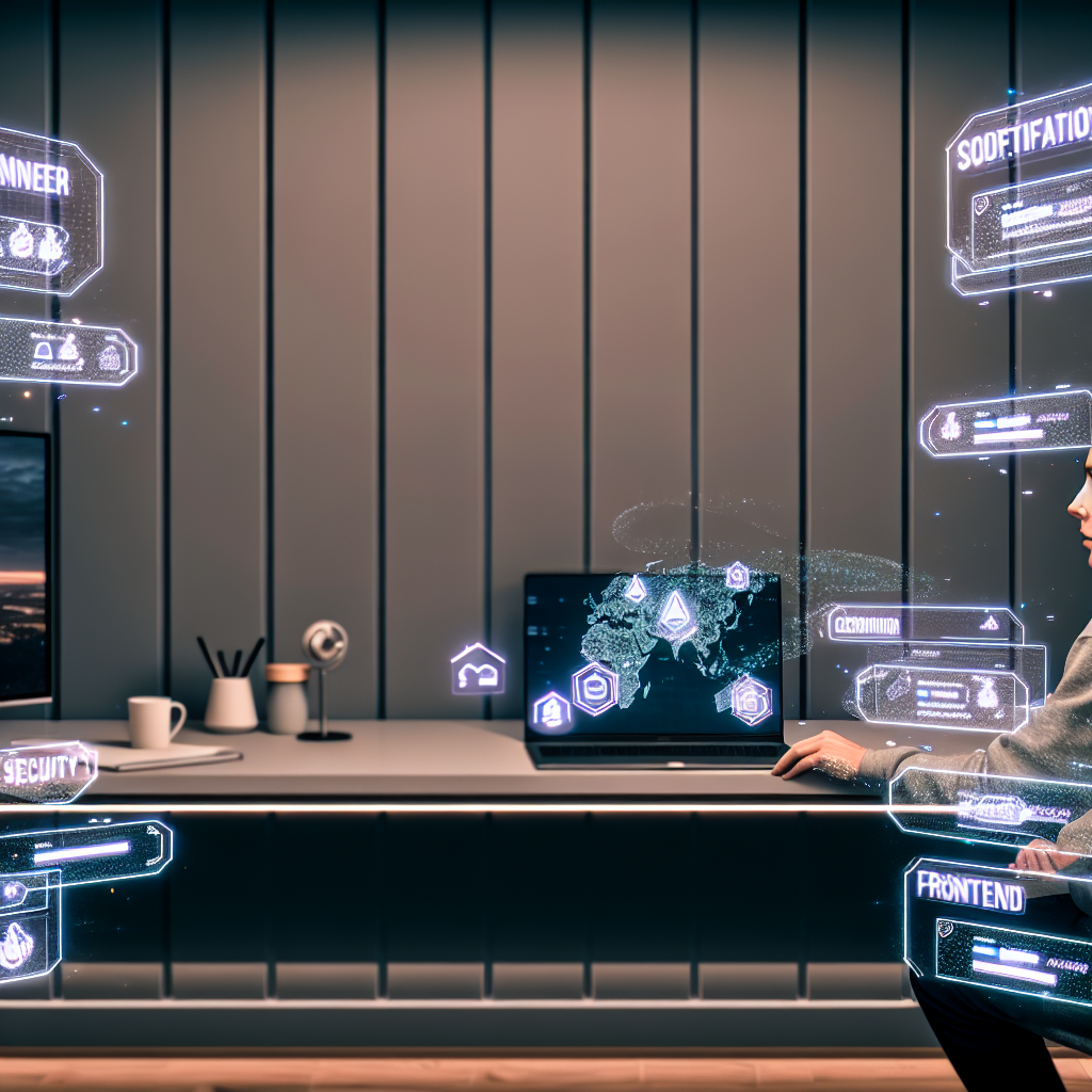 A modern remote software engineer sitting at a sleek desk in a cozy home office, surrounded by floating digital certification badges and icons from major tech organizations. The engineer (gender-ambiguous, globally relatable, mid-20s to mid-30s) is focused but inspired, working on a laptop that emits subtle holographic projections of certificates: cloud computing, security, DevOps, frontend, backend, and AI/ML credentials. Around them, semi-transparent UI panels display checklists, progress bars, and roadmap-style timelines, symbolizing planning a certification path for remote career growth. The environment clearly conveys “remote work”: a large window showing a soft-focus cityscape or nature view, noise-cancelling headphones on the desk, a webcam on the monitor, a coffee mug, and a small suitcase or backpack with a laptop sticker nearby, hinting at digital nomad flexibility. A world map in the background with softly glowing connection lines between cities represents global job opportunities and international hiring. The overall mood is motivational, professional, and forward-looking. Emphasis on clarity and structure: some certification icons appear grouped into categories (cloud, security, data, frontend/backend) forming an organized arc around the engineer, symbolizing a step-by-step roadmap and strategic choice. No specific brand logos, but recognizable generic tech symbols (clouds, shields, code brackets, database cylinders, AI brain icons). Art style: high-quality digital illustration with semi-realistic characters and a slightly futuristic UI design, clean and modern, suitable for a tech blog hero image. Composition: three-quarter wide shot from a slightly elevated angle, with the engineer centered and digital elements framing them in a gentle curve. Color palette: cool and professional (teals, blues, purples) with warm accent lighting from the desk lamp and window sunlight, creating balance between focus and comfort. Soft, cinematic lighting with subtle glow effects on the floating certifications and UI panels, no text anywhere in the image.