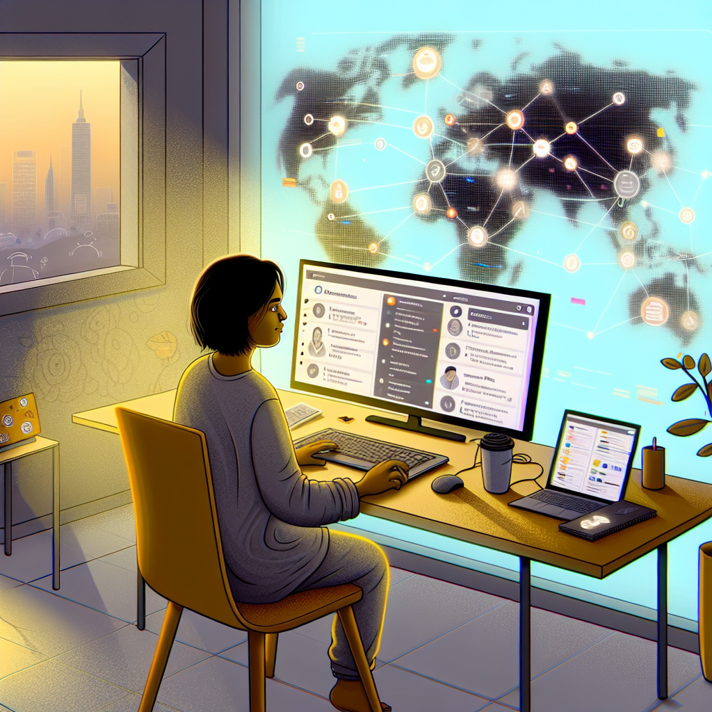 A modern, inspiring hero image illustrating a remote freelance software engineer navigating multiple global platforms: A young, gender-ambiguous software engineer sits at a clean, minimalist desk in a cozy, modern home office. They face a large ultra-wide monitor, with a laptop and tablet beside it. On the screens, simplified, logo-free dashboards and card-like tiles represent multiple freelance platforms and job listings: rows of project cards, profile ratings stars, earnings graphs, message notifications, and application buttons. The interface feels intuitive and futuristic but not sci-fi—clean UI, subtle gradients, no readable text. The room is softly lit by warm natural light coming from a large window on the side, suggesting a flexible remote work lifestyle. Outside the window, a stylized world map made of glowing, connected nodes and lines appears in the sky, symbolizing global remote opportunities and international clients. Subtle, semi-transparent icons float around the engineer: a briefcase, code brackets “{}”, a handshake, a dollar sign, and a globe—representing careers, programming, client relationships, income, and worldwide reach. On the desk: a notebook with sketched flowcharts, a coffee mug, noise-canceling headphones, and a smartphone showing simplified notifications. The engineer’s posture is focused yet relaxed, suggesting confidence and independence. No visible company logos or text. Art style: high-end digital illustration, semi-realistic with clean vector-like edges and soft gradients, tech-blog and SaaS-landing-page aesthetic. Composition: medium-wide shot from a slight over-the-shoulder angle so both the figure and the screens are clearly visible, with the glowing world-map outside as a strong background element. Color palette: cool blues and teals for the tech interfaces and global map, balanced by warm oranges and soft neutrals for the room lighting and wooden desk. Lighting: soft, optimistic, with gentle rim light on the engineer and faint glow effects on UI elements and connection lines. The overall mood is professional, aspirational, and globally connected, conveying the idea of “top freelance platforms for software engineers” and the freedom of remote work.