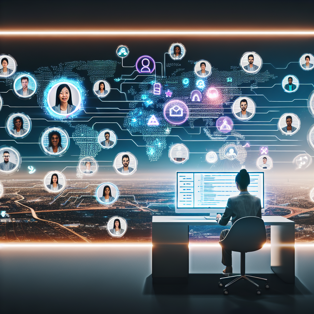 A wide cinematic illustration showing a global, fully remote hiring process working smoothly across borders and time zones. In the center, a diverse hiring manager sits at a modern desk, calmly reviewing candidate profiles on a large, sleek laptop screen. Around the laptop, semi-transparent holographic panels float, showing candidate video thumbnails, skill icons, checklists, and a clear, structured hiring pipeline flowing from left to right like a guided path. Surrounding the central figure is a softly glowing world map or globe, with multiple remote candidates appearing in circular frames connected by thin luminous lines. Each candidate is in a different environment: a developer in a cozy home office with dual monitors, a designer at a minimalist desk, an engineer with a standing desk setup, all professionally dressed and engaged. Small icons hovering near them symbolize skills, time zones (clocks), clear communication (chat bubbles), and cultural diversity (flags or abstract global symbols). The background subtly blends a modern home office interior with an abstract digital network grid, suggesting both the human side and the technical infrastructure of remote hiring. The overall tone is optimistic, professional, and solution-focused, emphasizing clarity, structure, and connection rather than chaos or overwhelm. Art style: high-end digital illustration with semi-realistic characters, clean lines, and slightly stylized features, similar to modern tech brand artwork. Composition: central focus on the hiring manager and laptop, with candidates and global elements encircling and radiating outward, creating a sense of flow and process. Perspective: slight top-front angle to show both the desk and the digital overlays. Color palette: cool and calming tech tones (blues, teals, soft purples) contrasted with warm accent colors (oranges, soft yellows) to highlight key elements like candidate windows and connection lines. Lighting: soft, diffused, with gentle glows around digital elements to convey clarity and efficiency. No text anywhere in the image.