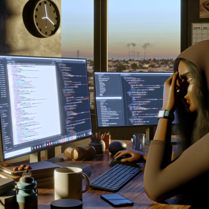 A remote software developer in a modern home office, viewed in a cinematic medium-wide shot. The main subject sits at a desk with dual monitors filled with subtle code and project windows, leaning forward with tired eyes, one hand rubbing the bridge of their nose, the other hovering over the keyboard. Their posture and expression clearly show early signs of mental fatigue: slight dark circles under the eyes, furrowed brow, a half-finished coffee mug nearby, sticky notes scattered around the desk, and a to-do list with many unchecked items. The room is softly lit by late-afternoon natural light from a window on one side, casting warm, gentle shadows. The screens emit a cool blue glow, creating a contrast between the warmth of the environment and the cold intensity of the work. Outside the window, a blurred, calm neighborhood or skyline suggests the world beyond the home office, reinforcing the isolation of remote work. Subtle visual cues emphasize imbalance: a cluttered desk on one side (snacks, empty mug, phone with notifications, headphones, a crumpled stress ball) contrasted with a neatly folded but unused yoga mat, a water bottle, and a closed notebook on the other side, symbolizing neglected self-care. In the background, a small wall clock hints at late working hours, and a soft-focus calendar with densely filled markings suggests constant deadlines. Optional faint reflections or ghosted overlays of repetitive calendar reminders and messages around the monitor area (not as readable text, just icon-like shapes) visualize cognitive overload and interruptions. The mood is introspective, empathetic, and gently cautionary rather than dramatic or hopeless. The overall tone should feel realistic, relatable, and human-centered, conveying both the quiet strain of ongoing mental fatigue and the possibility of regaining balance. Art style: high-resolution, semi-photorealistic digital illustration with subtle painterly details, clean and modern, suitable as a tech blog hero image. Composition is balanced with the developer slightly off-center (rule of thirds), leaving some negative space for visual breathing room. Color palette: warm, muted earth tones for the room (soft browns, beiges, muted greens) contrasted with cool blues and teals from the screens. Lighting is soft, natural, and atmospheric, with gentle depth of field to keep focus on the developer and desk, while the background remains slightly blurred. No text in the image.