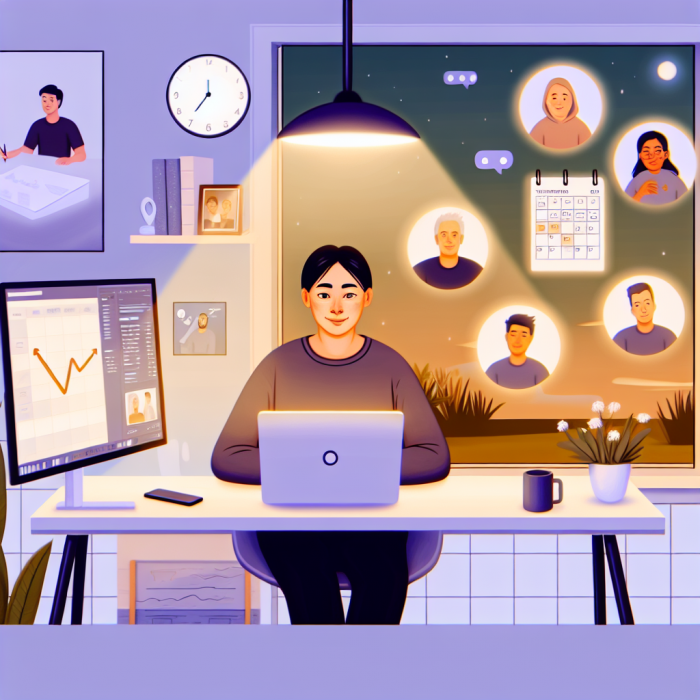 A warm, inspiring digital illustration showing a remote software engineer building trust with a distributed team through everyday actions. Central focus on a mid-30s gender-neutral software engineer sitting at a clean, modern desk in a cozy home office. The engineer’s face is expressive and engaged, lit by soft, warm light from a nearby window, suggesting early morning or golden hour. Around the main character, multiple semi-transparent “trust moments” appear like floating vignettes or softly glowing panels: in one, they are on a video call, listening attentively with camera on and subtle body language of empathy; in another, they are pair-programming on a shared screen, pointing to code with clarity; in another, they are sending a quick status update on a messaging app; in yet another, a calendar with recurring 1:1 meetings is shown, symbolizing consistency. The background shows a large, curved ultra-wide monitor displaying a clean code editor, a kanban board with tasks in progress, and a small corner with a simple dashboard of metrics, representing reliability and transparency without using any actual text. Subtle icons and visual metaphors of trust—like a small, glowing bridge, interlocking hands, or a gradually filling progress bar—are woven into the environment as abstract design elements on the wall, the mug on the desk, or reflections on the monitor. On the opposite side of the scene, ghosted but clearly visible, are several diverse teammates in their own remote environments: one in a minimalist apartment, one in a cozy café, one in a small home office with a plant—each framed as if appearing in video tiles that arc gently around the main character. They are smiling, nodding, or sharing screens, emphasizing connection, psychological safety, and daily collaboration across time zones. Composition is a semi-wide shot from a slightly elevated angle, giving a clear view of the engineer’s desk, screen, and the arc of remote colleagues. The visual flow leads from the engineer’s focused expression to the screen, then to the floating vignettes of trust-building actions, then around to the remote teammates. Art style: high-quality digital illustration with light semi-realistic characters and subtle stylization, clean lines, soft gradients, and a modern tech aesthetic. Lighting is warm and inviting, with gentle rim light from the monitor and window, creating a sense of comfort and calm focus. Color palette: warm neutrals (soft beiges, light wood, cream walls) combined with modern tech blues and teals, with accents of orange and gold for highlights that represent trust, reliability, and positive energy. Overall mood: professional yet human, optimistic, collaborative, and quietly inspiring, visually conveying how trust is built daily through consistent small actions in remote software engineering.
