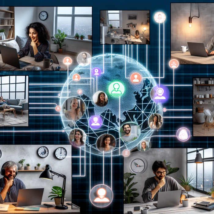 A diverse, global team of remote software engineers collaborating seamlessly across time zones, depicted in a modern, inspiring digital art scene. In the foreground, several engineers of different genders, ethnicities, and ages are shown at their own workspaces in different locations: a cozy home office, a minimalist apartment desk, a coworking space, a small café table. Each workspace has a laptop open, soft ambient lighting, plants, coffee mugs, and subtle tech accessories like headphones, microphones, and sticky notes. The scene is unified visually by a glowing, semi-transparent network of lines and icons flowing between all their screens, symbolizing communication and collaboration: small bubbles for video calls, chat icons, code snippets, message threads, time zone clocks, and subtle language icons. Above or behind them, a large, faint world map or globe hovers in the background, with connected nodes highlighting different cities, emphasizing distributed teams and global collaboration. Show clear moments of effective communication: one person wearing a headset and smiling on a video call, another thoughtfully typing in a chat window, another looking at a shared document or kanban board with tasks, and a subtle representation of translation or language support (e.g., faint overlapping speech bubbles with different characters). Visual hints of problem-solving: diagrams or flowcharts on a secondary monitor, a sticky note with a simple diagram, a shared whiteboard on a screen, conveying clarity and structure. Tone and mood: optimistic, professional, and productive, emphasizing that communication challenges are being actively solved with empathy, structure, and tools. No chaos, no frustration—only focus and connection. Artistic style: clean, high-end digital illustration with slight isometric or semi-cinematic perspective, crisp lines, and gently stylized characters (not cartoonish, not hyper-real). Composition should feel balanced, with the characters arranged in a loose circular or arc formation around the central glowing network, suggesting unity despite distance. Color palette: cool-tech base tones (blues, teals, soft purples) with warm accents (oranges, soft yellows) for faces, desk lamps, and UI elements to convey human warmth within a digital environment. Lighting: soft, diffused, with subtle glows from screens and the connecting lines, creating a calm yet energetic atmosphere. No text or logos in the image. Focus on visual storytelling of remote engineers overcoming communication issues through structure, empathy, and smart tools, creating a harmonious, globally connected workspace.