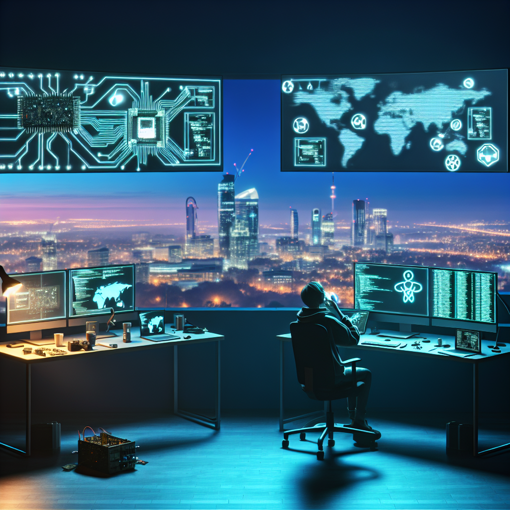 A remote embedded engineer’s digital command center, wide cinematic scene: a modern, minimalist home workspace at night overlooking a glowing city skyline, large window with distant office towers and satellite dishes on rooftops symbolizing global connectivity. In the foreground, a focused engineer sits at a clean desk with multiple ultra-wide monitors. Each screen shows different aspects of embedded engineering and remote work: one has a stylized PCB layout with green traces and microcontrollers, another shows lines of C/C++ code, another displays a video call grid with diverse teammates from different countries, and another shows logos/icons abstractly representing major remote job platforms and developer communities (generic, no readable text). On the desk: a half-assembled circuit board with tiny components, a USB logic analyzer, a soldering iron on its stand (not in use), a small development board with blinking LEDs, and a laptop open beside the main monitors. A world map is softly projected as a translucent hologram above the desk, with glowing connection lines arcing between continents, symbolizing remote opportunities and global hiring. The engineer is casually dressed, gender-neutral from behind or in 3/4 view, headphones on, posture engaged but relaxed, bathed in the cool light from the monitors. Subtle icons and floating UI elements around the screens indicate filters, job listings, chat bubbles, notifications, and search bars, all abstract and text-free. Tone: inspiring, aspirational, professional, slightly futuristic but grounded in reality. Style: high-end digital art with semi-photorealistic detail and a hint of cyberpunk tech aesthetic. Composition: wide shot, slightly elevated angle, strong depth of field focusing on the engineer and screens while the city beyond is softly blurred. Lighting: cool blue and teal monitor glow contrasted with warm ambient lamp light, soft reflections on glass and polished desk surface. Color palette: blues, teals, violets, with accents of warm orange from the city lights and desk lamp. No text anywhere in the image, no brand names, just abstract platform and community icons.