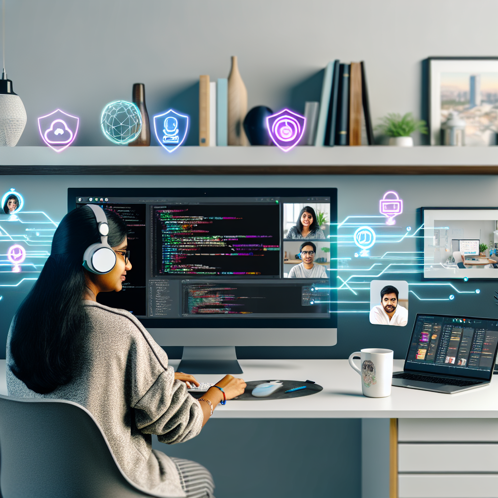 A modern remote software engineer’s workspace that visually represents essential remote work tools and seamless digital collaboration. A young professional software engineer sits at a clean, minimalist desk at home, facing a large ultra-wide monitor with several floating windows: a video call grid of diverse teammates, a code editor with colorful syntax, a project management board with cards, a chat app with message bubbles, and a calendar with highlighted meetings. The engineer wears comfortable casual clothes, headphones with a mic, and has a focused yet relaxed expression. Around the main monitor, show subtle holographic or semi-transparent overlays representing different remote tools: a cloud icon for cloud storage, a shield icon for VPN/security, a kanban board for task management, a clock or world map hinting at time zones, and a small AI/automation icon. On the desk, include a laptop, external keyboard, mouse, notebook, coffee mug, smartphone, and a small plant for a cozy touch. In the background, a softly lit, tidy home office setup: bookshelf with a few tech books and decor, a large window with natural daylight, and a city skyline or suburban neighborhood slightly blurred outside. The overall mood is productive, inspiring, and calm, highlighting efficiency and balance in remote work. Emphasize digital connectivity and collaboration through subtle light trails or glowing lines linking the on-screen apps and icons, suggesting an integrated tool ecosystem. Art style: crisp, detailed digital illustration with slight isometric/cinematic feel, semi-realistic but polished, similar to modern tech marketing artwork. Composition: medium-wide shot from a slight over-the-shoulder angle, clearly showing the screen contents and the engineer’s posture, with depth and perspective leading the eye toward the monitor and floating tool icons. Color palette and lighting: cool-to-neutral tones with accents of blues, teals, and purples for the digital interfaces; warm natural light from the window for balance; soft, diffused shadows and gentle contrast to keep the scene inviting and professional. No text or logos anywhere, just clear, recognizable generic app and tool interfaces.