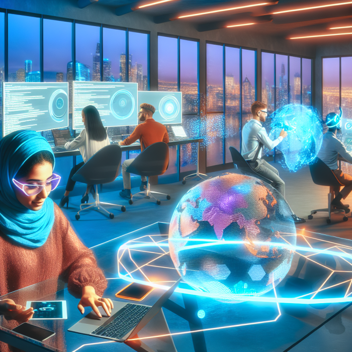 15 Most In-Demand Remote Software Engineering Jobs for 2025 3 A futuristic, inspiring digital illustration showing a diverse group of remote software engineers collaborating across the globe in 2025. In the center, a large semi-transparent holographic globe floats above a sleek, modern desk, with glowing connection lines linking multiple major cities, symbolizing global remote work. Around the globe, several floating holographic panels display subtle abstract icons and diagrams representing different in-demand roles: AI/ML models, data streams, cybersecurity shields, mobile app wireframes, cloud infrastructure diagrams, DevOps pipelines, blockchain chains, and AR/VR interfaces. In the foreground, a few professionals of different genders, ethnicities, and ages work from stylish home office setups: one person at a standing desk with multiple ultra-wide monitors showing code and dashboards; another on a laptop with a tablet showing a UI design; another wearing light AR glasses reviewing a 3D model. Their backgrounds hint at remote locations (a city apartment, a cozy home with plants, a minimal tech loft), but all visually connect to the central holographic globe via subtle light trails. The environment feels bright, optimistic, and high-tech, with soft natural light from large windows mixed with cool, futuristic interface glows. Color palette: cool blues and teals for technology and connectivity, accented with warm oranges and soft purples for energy and creativity. Style: highly detailed digital art with a semi-photorealistic, slightly cinematic look, clean and modern, no visible text. Composition: wide shot with the globe slightly above center, people arranged in a loose semicircle around it, strong depth and perspective, clear visual focus on the idea of remote, globally connected, high-demand software engineering jobs in 2025.