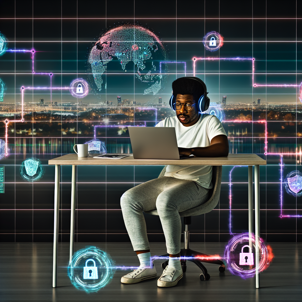 A modern remote software engineer working securely from home, surrounded by a visual metaphor of intelligent network monitoring. In the foreground, a focused professional sits at a minimalist desk with a laptop and dual monitors, wearing casual remote-work clothing and noise-canceling headphones. On the screens, glowing dashboards show network traffic graphs, security alerts, and a world map with secure connections, all rendered as clean, futuristic UI elements (no readable text, just icons, charts, and colored lines). Around the desk and computer, semi-transparent holographic elements float in the air: shield icons, padlocks, tiny data packets traveling along curved neon lines, and nodes connected in a network graph, symbolizing firewalls, encryption, and continuous monitoring. Some lines extend from the laptop outward into a stylized, semi-abstract cityscape in the background, representing the broader internet and remote company infrastructure. Within this background, several distant high-rise office buildings are subtly encircled by glowing protective rings, suggesting secure corporate networks. Include small, ghostlike silhouettes of potential cyber threats at the edges of the scene (shadowy figures or glitchy red warning symbols) being blocked or deflected by translucent shields and security barriers, illustrating threat detection and prevention. Emphasize a sense of order, safety, and visibility: clear pathways of data, green status indicators, and a calm expression on the worker’s face. The home office environment should feel realistic and relatable: a plant, a coffee mug, a router with tiny status lights, a soft lamp, and a window hinting at a city skyline outside. Art style: high-end digital illustration, semi-photorealistic with a sleek, tech-forward aesthetic, slightly cinematic. Composition: three-quarter wide shot from a slightly elevated angle, keeping the worker, screens, and holographic network elements in the same frame. Color palette: cool blues and teals for network and security, contrasted with warm golden light from the desk lamp and window to convey comfort and productivity. Lighting: soft, ambient room light with subtle glowing highlights from the holographic UI elements and data lines, creating a secure, futuristic, and inspiring mood that clearly communicates “network monitoring protects remote work.”