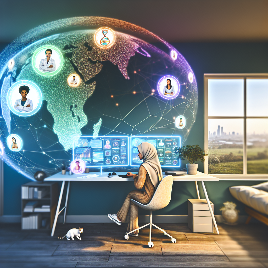 A bright, inspiring digital illustration showing the future of STEM work as fully remote and globally connected. In the center, a young professional sits at a sleek desk at home, facing a large ultra-wide monitor filled with diverse video call windows and colorful data visualizations: code, scientific graphs, molecular models, engineering schematics, and math equations. The person’s posture is focused yet relaxed, wearing casual but professional clothes, headphones on, coffee mug nearby. Surrounding the main figure, the room subtly blends with a stylized world map and glowing network lines, suggesting remote collaboration across continents. Small, semi-transparent vignettes orbit around them like floating panels: a biologist examining a 3D DNA helix, an engineer manipulating a CAD model of a spacecraft, a data scientist analyzing charts, and a mathematician surrounded by equations—each figure from different cultures and genders to emphasize global diversity in STEM. The environment is a modern, cozy home office: large window with soft daylight, a few green plants, a laptop, tablet, and notebook on the desk, and a cat or small pet resting nearby to reinforce the remote, human side of work. Through the window, a distant city skyline is visible, gently blurred, symbolizing physical workplaces receding into the background. Art style: clean, modern digital illustration with slight isometric influence and subtle futuristic touches, not hyper-realistic but crisp and professional, suitable for a tech blog. Composition: wide shot, slightly elevated angle, with the central figure and monitor as the focal point, and the global network and STEM vignettes forming a circular visual flow around them. Color palette: cool blues and teals for the digital elements and global network, contrasted with warm oranges and soft neutrals for the room and character, creating a balanced, optimistic, forward-looking mood. Lighting: soft, natural light from the window combined with gentle screen glow on the character’s face, conveying focus, calm, and possibility. No text in the image.