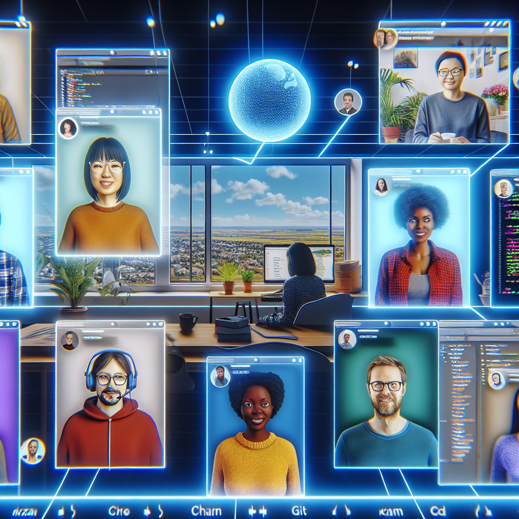 A modern remote software engineering team collaborating seamlessly across the globe, depicted as a single unified digital workspace that blends multiple home environments into one cohesive scene. In the foreground, a diverse group of software engineers (different genders, ethnicities, and ages) appear in semi-transparent, holographic-style video tiles floating above a large virtual desk interface. Each person is clearly visible from the waist up, wearing casual but professional attire, working from different remote settings: one in a cozy apartment with plants and a cat, another in a minimalist high-rise with city lights, another in a sunny suburban home office, another in a café-like setting. All of these backgrounds subtly blur into one shared, futuristic virtual conference space. On the virtual desk surface below them, glowing 3D UI panels show code editors, Kanban boards, Git commit graphs, pull requests, chat threads, and CI/CD pipeline diagrams, all connected by luminous lines suggesting smooth workflow and asynchronous collaboration. Small, tasteful icons hint at different time zones (tiny clocks, moon and sun symbols), but the overall feeling is calm and organized, not chaotic. Subtle visual cues emphasize healthy remote practices: one engineer stretching beside their desk, another with a standing desk, a water bottle and plants, a neatly scheduled calendar panel in the interface. In the background, a large translucent globe made of network lines hovers softly, with glowing connection points over key cities, symbolizing a global remote team. The lines converge into the central workspace, representing unified culture and communication. The overall mood is optimistic, focused, and empowering, highlighting flexibility, autonomy, and deep work rather than stress. No text or logos. Art style: high-end digital illustration with slight isometric and cinematic influences, clean UI/UX aesthetics, mildly stylized yet with believable anatomy and expressions, not hyperreal. Composition: wide shot with the central virtual desk and globe anchoring the middle, team members’ holographic tiles arranged in a semi-circle around it, drawing the eye inward. Color palette: cool and modern with blues, teals, and purples for the digital elements, contrasted with warm accents (soft oranges and ambers) from home lighting and city windows; gentle gradients, soft glows, and crisp edges. Lighting: balanced, slightly futuristic ambient light with subtle rim lighting around figures and UI panels to create depth and clarity. No text, no clutter, visually clear and inspiring.