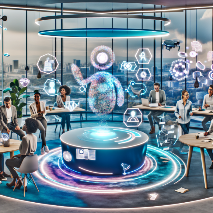 A bright, inspiring, near‑future scene of “the future of work” in a hybrid, human‑AI collaboration studio. In the center, a diverse group of professionals (different ages, genders, ethnicities) work together around a large, curved holographic table. The table projects glowing data, flowing diagrams, and abstract ideas in soft, fluid shapes, symbolizing knowledge work and creativity. A friendly, non‑humanoid AI presence is visualized as a semi‑transparent, gently glowing interface made of swirling light and geometric patterns hovering above the table, interacting with everyone but clearly not replacing them. In the background, an open, airy workspace merges physical and digital: plants, natural wood, comfortable seating, and large windows showing a futuristic but calm city skyline with drones and autonomous vehicles moving smoothly, suggesting technological progress without chaos. Some people work remotely, appearing as life‑sized holo‑projections or on sleek vertical displays, fully integrated into the scene, emphasizing global, flexible collaboration. Subtle vignettes around the main group show: – A designer using an AR headset sketching a concept that the AI instantly converts into 3D form. – A researcher reviewing AI‑generated insights on a floating screen while adding handwritten notes. – A worker upskilling via an immersive learning pod with visualized knowledge streams around them. – A manager calmly overseeing a “workflow map” where tasks flow between humans and AI nodes equally, illustrating balance and augmentation rather than replacement. The mood is optimistic, empowering, and thoughtful—no dystopian elements. Expressions are focused, curious, and confident. No one looks rushed or stressed. Artistic style: high‑end cinematic digital illustration with slight sci‑fi polish, semi‑realistic characters, clean lines, and smooth gradients. Composition: wide shot with the central collaborative table as the focal point, subtle depth of field to keep focus on human‑AI interaction. Color palette: luminous cool blues and teals for the digital/AI elements, contrasted with warm oranges and soft neutrals for human skin tones, wood, and natural light. Lighting: soft, diffuse daylight from the windows combined with gentle, ambient glow from holograms and interfaces, producing a harmonious, hopeful, and modern atmosphere. No text or logos anywhere in the image.
