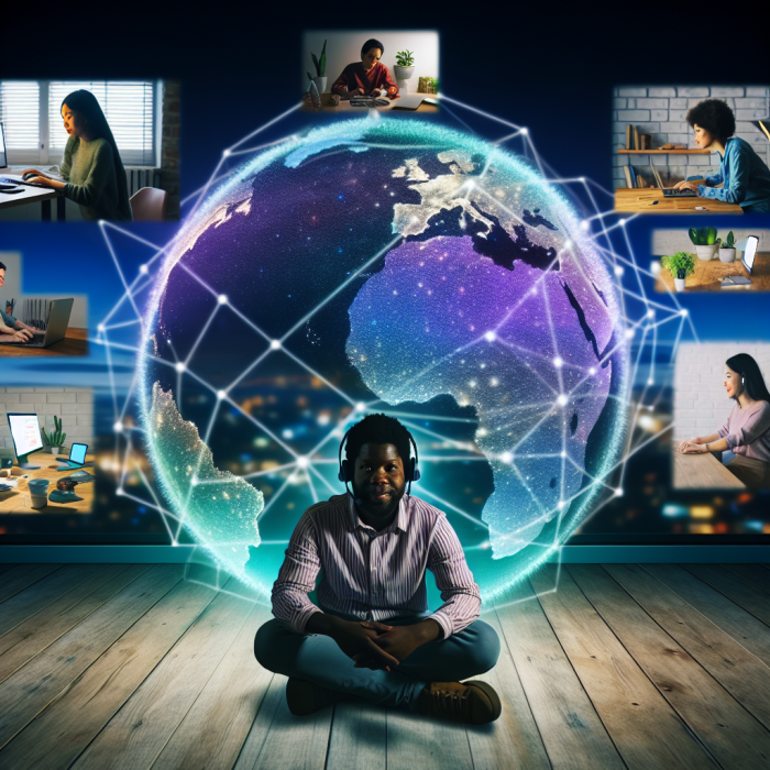 A modern, inspiring digital illustration showing a diverse team of remote IT professionals collaborating across the globe, symbolizing global outsourcing and connected work. In the center foreground, a confident IT project lead sits at a sleek desk in a home office, facing multiple large monitors filled with code, dashboards, and video call windows. Around the main character, semi-transparent holographic screens float in the air, displaying tiny windows of teammates working from different countries and time zones. Each remote teammate is shown in a small, distinct vignette: one in a night-lit high-rise apartment with a laptop, another in a bright co-working space, another in a cozy home office with plants, another in a minimalist tech hub—subtly suggesting different regions (Asia, Latin America, Eastern Europe, etc.) without flags or text. They are all connected via glowing lines of light forming a global network that arcs around a faint, stylized globe in the background. The overall scene conveys efficiency, professionalism, and seamless collaboration: laptops open, headsets on, screens reflecting code, cloud icons, cybersecurity symbols, and UI/UX wireframes. Subtle visual hints of roles: a developer with code, a cybersecurity specialist with shield and lock icons, a cloud engineer with cloud and server graphics, a data engineer with graphs and data streams, an IT support specialist on a call interface, a UI/UX designer with colorful interface mockups. Style: high-end, clean digital art with slight semi-realistic, cinematic rendering; sharp details but not photorealistic. Composition: wide shot with the central figure in the foreground, the globe and network in the midground, and floating vignettes of remote workers encircling the composition, creating a sense of depth and global reach. Perspective: slightly elevated, as if looking over the shoulder of the central IT lead toward the monitors and holographic network. Color palette: cool tech blues and cyans contrasted with warm skin tones and soft ambient lighting from monitors; subtle gradients of teal, purple, and deep navy in the background. Lighting: dramatic yet inviting, with monitor glow illuminating faces and keyboards, soft rim lighting outlining figures and holographic elements. Mood: forward-looking, optimistic, professional, and innovative, emphasizing the benefits of remote IT outsourcing—efficiency, access to global talent, 24/7 operations, and seamless digital connectivity. No text or logos anywhere in the image.