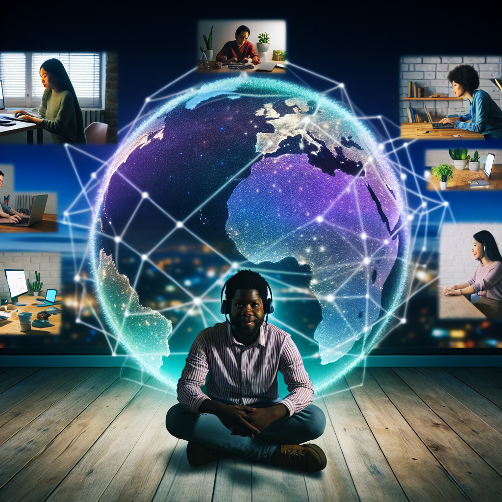 A modern, inspiring digital illustration showing a diverse team of remote IT professionals collaborating across the globe, symbolizing global outsourcing and connected work. In the center foreground, a confident IT project lead sits at a sleek desk in a home office, facing multiple large monitors filled with code, dashboards, and video call windows. Around the main character, semi-transparent holographic screens float in the air, displaying tiny windows of teammates working from different countries and time zones. Each remote teammate is shown in a small, distinct vignette: one in a night-lit high-rise apartment with a laptop, another in a bright co-working space, another in a cozy home office with plants, another in a minimalist tech hub—subtly suggesting different regions (Asia, Latin America, Eastern Europe, etc.) without flags or text. They are all connected via glowing lines of light forming a global network that arcs around a faint, stylized globe in the background. The overall scene conveys efficiency, professionalism, and seamless collaboration: laptops open, headsets on, screens reflecting code, cloud icons, cybersecurity symbols, and UI/UX wireframes. Subtle visual hints of roles: a developer with code, a cybersecurity specialist with shield and lock icons, a cloud engineer with cloud and server graphics, a data engineer with graphs and data streams, an IT support specialist on a call interface, a UI/UX designer with colorful interface mockups. Style: high-end, clean digital art with slight semi-realistic, cinematic rendering; sharp details but not photorealistic. Composition: wide shot with the central figure in the foreground, the globe and network in the midground, and floating vignettes of remote workers encircling the composition, creating a sense of depth and global reach. Perspective: slightly elevated, as if looking over the shoulder of the central IT lead toward the monitors and holographic network. Color palette: cool tech blues and cyans contrasted with warm skin tones and soft ambient lighting from monitors; subtle gradients of teal, purple, and deep navy in the background. Lighting: dramatic yet inviting, with monitor glow illuminating faces and keyboards, soft rim lighting outlining figures and holographic elements. Mood: forward-looking, optimistic, professional, and innovative, emphasizing the benefits of remote IT outsourcing—efficiency, access to global talent, 24/7 operations, and seamless digital connectivity. No text or logos anywhere in the image.