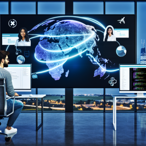 A modern digital illustration showing a diverse, global software development team collaborating seamlessly across borders, symbolizing the benefits of outsourcing software development. In the foreground, a confident product manager or startup founder sits at a sleek desk in a contemporary office, looking at a large curved monitor displaying a world map connected with glowing lines to multiple distant cities. Around the map, several floating windows show snippets of clean code, UI designs, and charts indicating rising productivity and cost savings. On the left side of the composition, depict a small in-house team (2–3 people) in a calm, organized workspace, surrounded by icons symbolizing focus, strategy, and core business growth (e.g., lightbulb, upward arrow, cogwheel fading into a rocket). On the right side, visualize remote developers in different environments (a modern office in Latin America, a home office in Eastern Europe, a co-working space in Asia), connected via holographic or digital lines, all collaborating on the same project. Each remote team member is clearly engaged: pair-programming, testing, designing, and communicating via video call bubbles. Include subtle visual cues that represent key outsourcing benefits: – Speed and flexibility: timelines or sprint boards with checkmarks and fast-moving progress bars. – Cost efficiency: abstract bar charts showing costs decreasing while quality metrics increase, dollar signs transforming into code lines. – Access to global talent: diverse faces, different skin tones, and cultural details, placed around the globe with pinpoint lights. – Scalability: ghosted silhouettes of additional team members joining the network effortlessly. – Risk reduction: shield or lock icons near code repositories, representing secure, high-quality development. Style: clean, high-end digital art with slight isometric and futuristic UI design influences, suitable for a tech/business blog. Semi-realistic characters with simplified, polished details (no uncanny valley), combined with crisp vector-like UI elements. Composition: wide cinematic shot, main character in the center front facing the screen, global map and network behind and above them like a digital canopy, remote teams arranged around the edges, drawing the eye in a circular flow. Color palette: cool tech tones (blues, teals, purples) contrasted with warm accent colors (oranges, yellows) for key elements like connection lines, progress charts, and idea icons. Lighting: bright, optimistic, and slightly futuristic, with soft glows around connection lines and interfaces, conveying innovation, trust, and efficiency. No text or logos in the image.