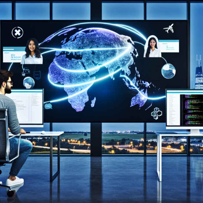 A modern digital illustration showing a diverse, global software development team collaborating seamlessly across borders, symbolizing the benefits of outsourcing software development. In the foreground, a confident product manager or startup founder sits at a sleek desk in a contemporary office, looking at a large curved monitor displaying a world map connected with glowing lines to multiple distant cities. Around the map, several floating windows show snippets of clean code, UI designs, and charts indicating rising productivity and cost savings. On the left side of the composition, depict a small in-house team (2–3 people) in a calm, organized workspace, surrounded by icons symbolizing focus, strategy, and core business growth (e.g., lightbulb, upward arrow, cogwheel fading into a rocket). On the right side, visualize remote developers in different environments (a modern office in Latin America, a home office in Eastern Europe, a co-working space in Asia), connected via holographic or digital lines, all collaborating on the same project. Each remote team member is clearly engaged: pair-programming, testing, designing, and communicating via video call bubbles. Include subtle visual cues that represent key outsourcing benefits: – Speed and flexibility: timelines or sprint boards with checkmarks and fast-moving progress bars. – Cost efficiency: abstract bar charts showing costs decreasing while quality metrics increase, dollar signs transforming into code lines. – Access to global talent: diverse faces, different skin tones, and cultural details, placed around the globe with pinpoint lights. – Scalability: ghosted silhouettes of additional team members joining the network effortlessly. – Risk reduction: shield or lock icons near code repositories, representing secure, high-quality development. Style: clean, high-end digital art with slight isometric and futuristic UI design influences, suitable for a tech/business blog. Semi-realistic characters with simplified, polished details (no uncanny valley), combined with crisp vector-like UI elements. Composition: wide cinematic shot, main character in the center front facing the screen, global map and network behind and above them like a digital canopy, remote teams arranged around the edges, drawing the eye in a circular flow. Color palette: cool tech tones (blues, teals, purples) contrasted with warm accent colors (oranges, yellows) for key elements like connection lines, progress charts, and idea icons. Lighting: bright, optimistic, and slightly futuristic, with soft glows around connection lines and interfaces, conveying innovation, trust, and efficiency. No text or logos in the image.
