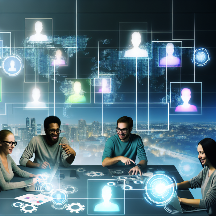 A dynamic, inspiring wide-angle digital illustration showing a young, diverse startup team in a modern, cozy office seamlessly collaborating with a global network of remote software developers, symbolizing the benefits of outsourcing software development for startups. Foreground: A small startup team of 3–4 people gathered around a central table with laptops, tablets, and notes. They are casually dressed, expressive, and energized. One person points at a floating holographic dashboard, another types on a laptop displaying code, another reviews UI mockups on a tablet. Show diversity in gender, ethnicity, and style to emphasize inclusivity and a modern startup vibe. Midground: Behind the startup team, a semi-transparent curved digital wall or large holographic screen displays a world map with glowing connection lines reaching multiple cities across different continents. At the connection points, show stylized portraits or silhouettes of remote developers in small floating panels or circular frames, each in their own mini-workspace (headphones, multiple monitors, coding screens), representing an international outsourced development team. These mini-scenes are subtle but clear, forming a visual network. Background: A bright, modern city skyline visible through large floor-to-ceiling windows, suggesting opportunity, growth, and a thriving tech environment. Subtle, abstract graphs and charts (without legible text) integrated into the background glow faintly, implying metrics like cost savings, faster time-to-market, scalability, and innovation. Symbolic details: – Floating translucent icons around the team and the world map: gears (engineering), clock (time efficiency), shield (risk management and reliability), rocket (startup growth and speed), and cloud (cloud technology and remote collaboration). – Thin glowing circuits or data streams connecting the icons, the local team, and the remote developers, symbolizing smooth workflows and communication. – A stylized glowing rocket blueprint or product prototype 3D hologram above the table, hinting at a product being rapidly built through outsourcing. Tone and mood: Optimistic, forward-looking, and empowering, communicating clarity, professionalism, and innovation. No chaos or stress, only confident collaboration and momentum. Artistic style: High-quality digital illustration in a modern, semi-realistic tech-cinematic style; clean lines, slightly stylized characters, polished UI/hologram elements. No cartoon exaggeration; sophisticated and sleek, like high-end startup or SaaS marketing art. Composition and perspective: Slightly elevated three-quarter view looking down at the table and the team, allowing clear visibility of both their faces and the holographic elements, with the world map and remote collaborators arcing above and behind them like a digital halo. The viewer’s eye naturally flows from the local team to the global connections and back. Color palette and lighting: – Dominant cool tech tones (deep blues, teals, and purples) for the digital and global elements. – Warm, soft ambient lighting on the people and physical office (warm whites, soft oranges) to convey human connection and approachability. – Accents of bright cyan and neon turquoise for holograms, lines, and icons to highlight technology and energy. – Balanced contrast with subtle depth of field to keep the main team and the central holographic elements in sharp focus, while the cityscape and some background icons remain gently blurred. No text or numbers anywhere in the image. Clean, uncluttered, but rich in symbolic detail, clearly communicating “startups leveraging outsourced software development to scale faster, smarter, and globally.”