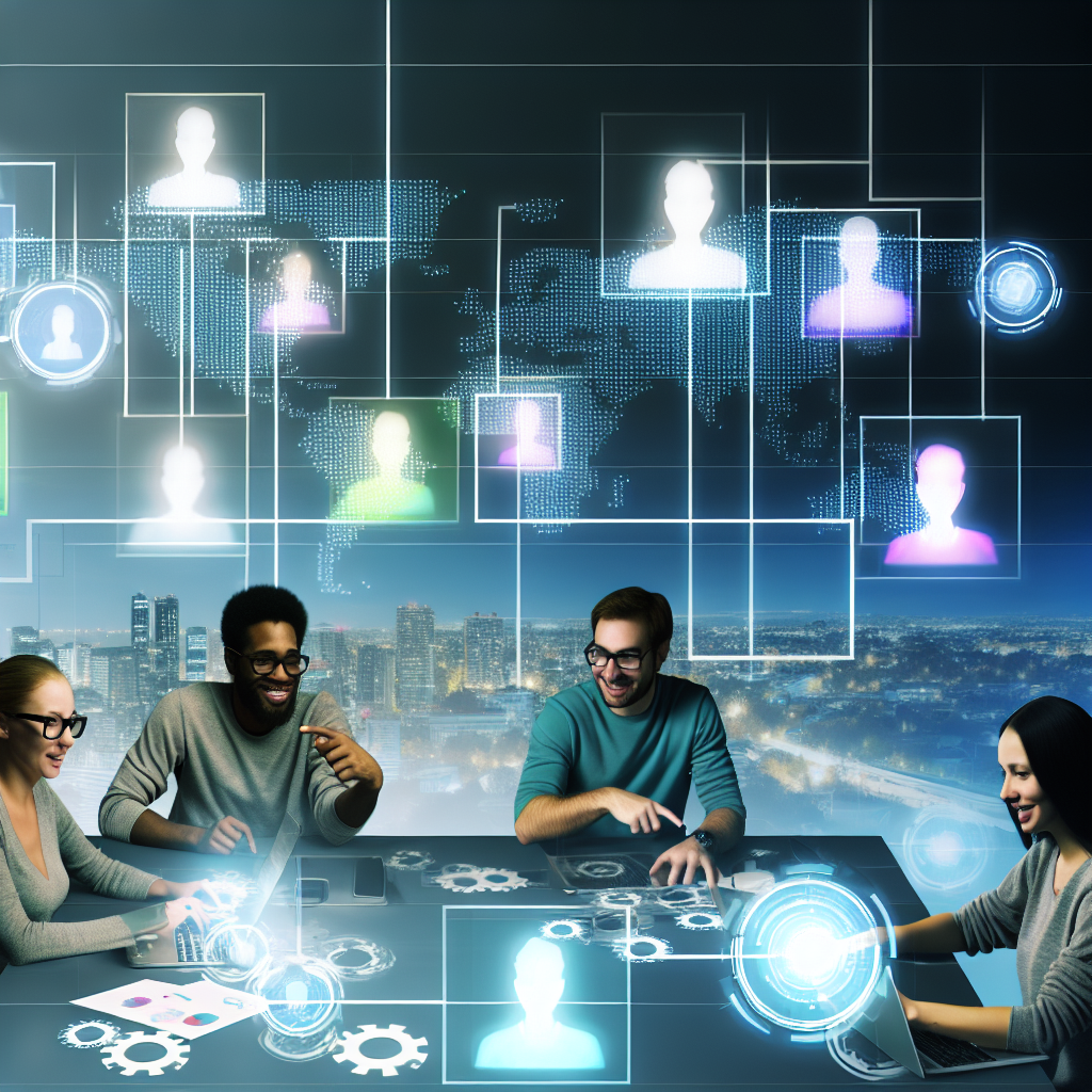 A dynamic, inspiring wide-angle digital illustration showing a young, diverse startup team in a modern, cozy office seamlessly collaborating with a global network of remote software developers, symbolizing the benefits of outsourcing software development for startups. Foreground: A small startup team of 3–4 people gathered around a central table with laptops, tablets, and notes. They are casually dressed, expressive, and energized. One person points at a floating holographic dashboard, another types on a laptop displaying code, another reviews UI mockups on a tablet. Show diversity in gender, ethnicity, and style to emphasize inclusivity and a modern startup vibe. Midground: Behind the startup team, a semi-transparent curved digital wall or large holographic screen displays a world map with glowing connection lines reaching multiple cities across different continents. At the connection points, show stylized portraits or silhouettes of remote developers in small floating panels or circular frames, each in their own mini-workspace (headphones, multiple monitors, coding screens), representing an international outsourced development team. These mini-scenes are subtle but clear, forming a visual network. Background: A bright, modern city skyline visible through large floor-to-ceiling windows, suggesting opportunity, growth, and a thriving tech environment. Subtle, abstract graphs and charts (without legible text) integrated into the background glow faintly, implying metrics like cost savings, faster time-to-market, scalability, and innovation. Symbolic details: – Floating translucent icons around the team and the world map: gears (engineering), clock (time efficiency), shield (risk management and reliability), rocket (startup growth and speed), and cloud (cloud technology and remote collaboration). – Thin glowing circuits or data streams connecting the icons, the local team, and the remote developers, symbolizing smooth workflows and communication. – A stylized glowing rocket blueprint or product prototype 3D hologram above the table, hinting at a product being rapidly built through outsourcing. Tone and mood: Optimistic, forward-looking, and empowering, communicating clarity, professionalism, and innovation. No chaos or stress, only confident collaboration and momentum. Artistic style: High-quality digital illustration in a modern, semi-realistic tech-cinematic style; clean lines, slightly stylized characters, polished UI/hologram elements. No cartoon exaggeration; sophisticated and sleek, like high-end startup or SaaS marketing art. Composition and perspective: Slightly elevated three-quarter view looking down at the table and the team, allowing clear visibility of both their faces and the holographic elements, with the world map and remote collaborators arcing above and behind them like a digital halo. The viewer’s eye naturally flows from the local team to the global connections and back. Color palette and lighting: – Dominant cool tech tones (deep blues, teals, and purples) for the digital and global elements. – Warm, soft ambient lighting on the people and physical office (warm whites, soft oranges) to convey human connection and approachability. – Accents of bright cyan and neon turquoise for holograms, lines, and icons to highlight technology and energy. – Balanced contrast with subtle depth of field to keep the main team and the central holographic elements in sharp focus, while the cityscape and some background icons remain gently blurred. No text or numbers anywhere in the image. Clean, uncluttered, but rich in symbolic detail, clearly communicating “startups leveraging outsourced software development to scale faster, smarter, and globally.”