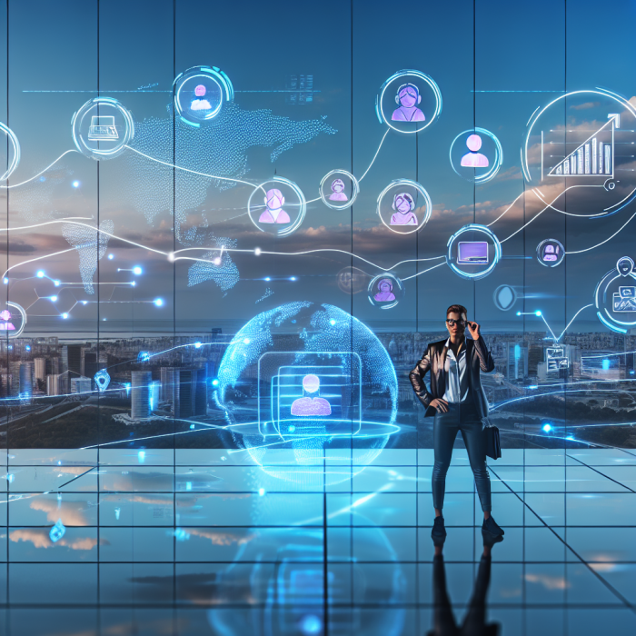 A modern, inspiring illustration representing the benefits of outsourcing software development for businesses. In the foreground, a business leader (gender-neutral, mid-30s) stands confidently at the edge of a sleek glass office floor, looking out over a semi-abstract “global network” cityscape. Around them are translucent holographic dashboards showing rising charts, reduced costs, faster timelines, and happy customer icons, symbolizing cost savings, faster time-to-market, and improved focus on core business. Across the scene, multiple diverse software teams are connected by glowing lines and nodes that stretch across a stylized world map subtly integrated into the background. Each remote team appears in small “portals” or floating panels: a UX designer sketching interfaces, a developer writing code, a QA engineer testing, a project manager coordinating via video call—conveying collaboration across time zones and specialized expertise. The portals are arranged in a semi-circle around the business leader, suggesting an extended global team. The environment feels clean and tech-forward: open-plan office elements blend softly into a futuristic, slightly abstract digital landscape. Symbols of security (a subtle shield icon, lock glyphs) and quality (checkmarks, stars, badges) are woven gently into the holographic interface elements to emphasize reliability, risk reduction, and quality assurance without feeling cluttered. Art style: high-end digital illustration with semi-realistic characters and slightly stylized, tech-centric aesthetics, similar to modern SaaS or B2B tech landing page artwork. Smooth gradients, crisp lines, and subtle depth-of-field. Composition: wide shot, slightly elevated perspective. The business leader in the lower center foreground as the focal point, world map and global teams radiating outward and upward. Interface elements frame the scene without obscuring faces. Color palette and lighting: cool and professional with blues, teals, and soft purples as dominant colors, accented with warm oranges/golds to symbolize opportunity and growth. Bright, optimistic lighting with a gentle glow on the holographic elements, giving a sense of clarity, innovation, and strategic advantage. No text or logos anywhere, no clutter; the overall impression should be of strategic partnership, efficiency, and global collaboration through outsourced software development.