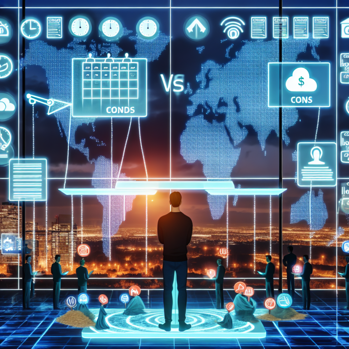 A cinematic, concept-style digital illustration visualizing the pros and cons of outsourcing software development as a balanced, strategic decision. In the center, a confident project manager stands at a large, semi-transparent digital table shaped like a world map, glowing softly. Around the table, diverse software developers and IT specialists from different countries are collaborating as holographic figures, symbolizing remote teams: some in modern offices, some stylized as transparent projections, all connected by luminous data lines flowing across the map. On the left side of the image, subtly integrated into the scene, visual cues for the “pros”: smooth, bright data flows, neatly stacked documents, a visible calendar with on-time milestones, graphs trending upward on translucent screens, a smaller glowing cost icon, and a symbol of speed (like motion streaks or a small rocket icon built into a UI element). The people here look focused, relaxed, and collaborative. On the right side, more subdued and slightly darker, are visual cues for the “cons”: tangled or knotted data lines, faint overlapping clocks showing different time zones, a slightly glitchy video call screen with connection lag artifacts, a contract or legal document with tiny red warning symbols, and ghosted or duplicated figures hinting at miscommunication. The people here appear a bit uncertain or confused, but not negative—more cautious and thoughtful. Above the table, a large, partially transparent scale emerges from light, balanced in the middle: on one side, soft icons for cost savings, flexibility, and scalability; on the other, icons for risk, communication issues, and quality concerns. The scale is perfectly level, indicating that outsourcing is about balance and careful strategy, not a one-sided choice. In the background, a panoramic view of a modern glass office with large windows overlooking a stylized globe or city skyline at dusk. On distant walls and glass panels, UI-style overlays float: world clocks, project dashboards, agile boards, and code snippets, all clean and unobtrusive. No actual text, only symbolic UI shapes and simple icons. The atmosphere is professional, analytical, and forward-looking, highlighting decision-making, planning, and partnership. Art style: high-end digital illustration, semi-photorealistic with a sleek tech aesthetic, polished and corporate-friendly, similar to concept art for technology or fintech websites. Composition: wide shot with a slight top-down angle on the glowing world-map table, central figure framed by the global team and the balanced scale above. Color palette: cool and modern—deep blues, teals, and soft cyans for the tech environment; warm accents of orange and gold to highlight key elements like the scale, data flows, and faces. Lighting: soft, diffused office lighting with gentle glow effects on digital interfaces and data lines, crisp but not harsh, creating a clear, organized, and futuristic yet realistic look.