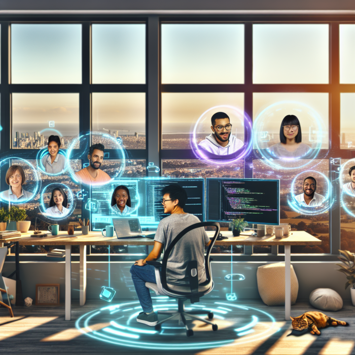 A wide cinematic scene illustrating the benefits of remote software development: a diverse, global team of software developers collaborating seamlessly from different locations around the world, all visually connected through glowing digital lines and holographic interfaces. In the foreground, a modern home office with a large window: a focused software developer sits at an ergonomic desk with a sleek laptop and dual monitors showing clean code, project boards, and video call tiles of teammates. The developer is relaxed and comfortable, wearing casual clothes, with subtle signs of work–life balance around them: a coffee mug, a plant, a sleeping cat, a yoga mat in the corner. Outside the window, soft natural light and a calm city or nature backdrop suggest freedom and flexibility. In the midground and background, several other remote workspaces appear as overlapping “portals” or floating frames: – a teammate in a cozy apartment in a different time zone, night outside their window, warm desk lamp lighting, coding on a desktop screen – another teammate in a bright coworking space with large windows, greenery, and other distant workers – another in a minimalist home office in a different country, with subtle cultural details (architecture, decor) showing global diversity. All of these spaces are interconnected by luminous, flowing lines and abstract circuit-like patterns that arc across the image, converging into a stylized, semi-transparent globe hovering near the center. The globe is made of interconnected nodes and lines, representing a distributed development team spanning continents, symbolizing access to global talent. Small, tasteful icons or holograms around the globe subtly suggest productivity, innovation, cost savings, and time-zone coverage (e.g., tiny clocks, charts, or code brackets), but without using actual text. The mood is inspiring, optimistic, and professional, emphasizing collaboration, efficiency, and flexibility. The composition is balanced: the main developer in the foreground on one side, the digital globe and connecting lines in the center, and other remote team members arranged in depth and perspective across the frame. Art style: high-end digital illustration with semi-photorealistic characters and environments, clean and modern UI elements, slightly futuristic but grounded in reality. Color palette: cool and modern with teals, blues, and soft purples for the digital connections and UI, contrasted with warm golden and natural daylight tones in the workspaces to convey comfort and human connection. Lighting: soft, bright, and slightly backlit from the windows, with subtle glowing effects on the holograms and connection lines, creating a dynamic yet uncluttered visual that clearly communicates the advantages of remote software development.