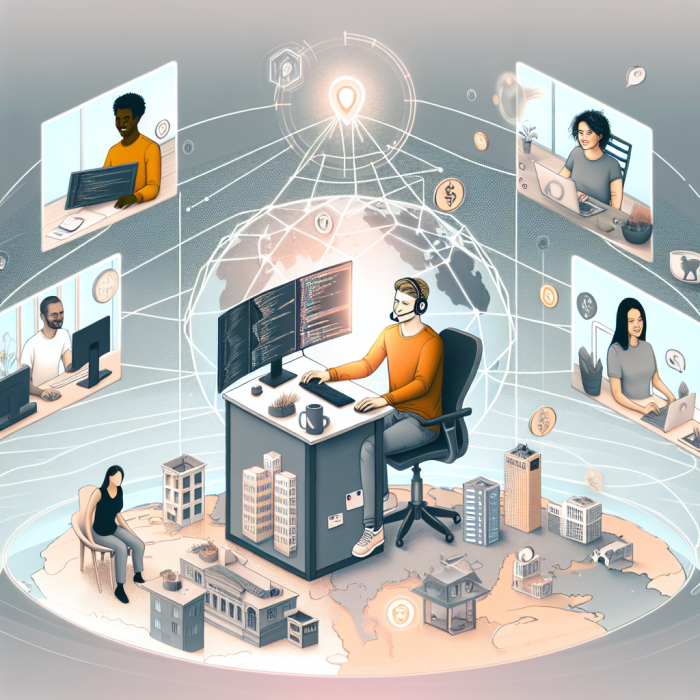 A dynamic, inspiring illustration showing a diverse remote software development team collaborating across the globe for a tech startup. In the center, a young founder sits at a modern desk in a cozy startup workspace, focused on a laptop with multiple screens showing dashboards, code, and video calls. Around the main figure, semi-transparent floating windows or portals reveal remote team members working from different locations and time zones: a developer in a minimalist Scandinavian apartment, a designer in a bright urban loft, an engineer in a home office with plants, and a QA specialist in a café – all connected by glowing lines and subtle digital circuitry patterns that form a loose world map in the background. Each remote team member is mid-collaboration: pair-programming, sharing designs, reviewing code, and discussing on video calls, conveying productivity, trust, and seamless communication. Subtle icons around them subtly hint at core themes: a shield icon for reduced risk, a clock for faster time-to-market, a dollar symbol for cost savings, and a rocket launching to symbolize startup growth and scalability. The overall scene should feel coordinated, efficient, and calm, not chaotic. Art style: clean, high-end digital illustration with slight isometric and tech-infographic influences, semi-flat but with depth and soft shading, suitable for a modern SaaS/tech blog. Composition: wide, cinematic layout with the founder in the foreground center and the remote team “nodes” arranged in a circular or arc formation around, creating a sense of global network and structure. Color palette: bright but balanced tech colors – blues and teals for connectivity and trust, accents of orange and coral for innovation and energy, with white and soft neutrals for clarity. Lighting: soft, optimistic, and slightly glowy, emphasizing screens and connection lines without feeling dark or hacker-like. No text or logos, no clutter, just a clear visual story of the strategic advantages and harmony of remote development teams for startups.