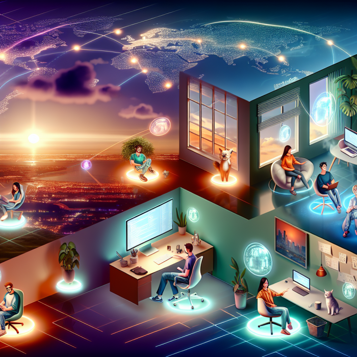 A modern, inspiring illustration showing a global team of remote software developers collaborating seamlessly across continents. In the center, a diverse group of developers (different genders, ethnicities, and ages) sit or stand at sleek desks in separate environments: one in a cozy home office, one in a minimalist apartment, one in a bright coworking space, one in a tropical setting with a balcony view, all connected by glowing lines and floating holographic interfaces that weave between them, symbolizing real-time collaboration and communication. Each workspace subtly reflects flexibility and work-life balance: a plant, a coffee mug, soft natural light, a pet sleeping nearby, a window showing different time zones (sunrise in one, daylight in another, city lights at night in another). On their screens and in the holographic overlays, abstract representations of code, graphs, and UI mockups show productivity, innovation, and problem-solving. In the background, a semi-transparent digital world map with softly glowing connection paths highlights distributed talent and access to a global workforce. Tone is optimistic, forward-looking, and professional, emphasizing benefits like cost efficiency, productivity, and diverse talent. Style is high-end digital illustration with a slightly futuristic, tech-startup aesthetic, clean and polished, not cartoonish. Use a wide-angle composition with a subtle isometric feel, so all workspaces and the global map can be seen harmoniously in one scene. Color palette is modern and vibrant: deep blues and teals for technology and trust, accented with warm oranges and soft purples to convey energy and creativity. Lighting is soft but dynamic, with gentle glows around the connection lines and interfaces, creating a sense of seamless digital connectivity. No text or logos anywhere in the image.