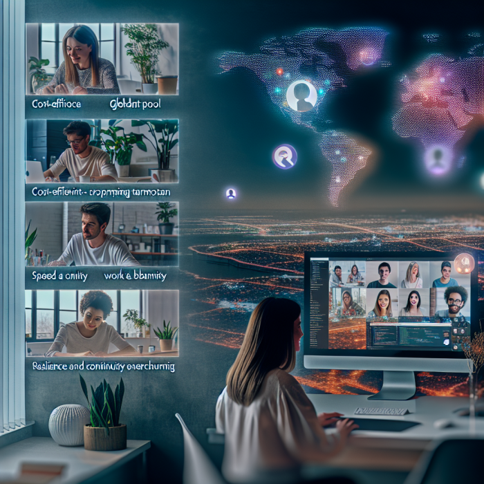 A visionary startup workspace split between physical and virtual worlds, showing a diverse remote developer team collaborating seamlessly across time zones. In the foreground, a focused startup founder sits at a minimalist desk in a small, cozy office, facing a large ultrawide screen filled with video call windows and shared code. On the screen, 5–6 developers appear in distinct environments: one in a modern apartment with plants and a laptop, one in a café, one in a nighttime city high-rise, one in a bright home office with a standing desk, and one on a sunny balcony — clearly spread across different countries and time zones. Each developer is mid-collaboration: pair-programming, reviewing code, and discussing charts and product mockups. Around the founder’s physical workspace, subtle holographic overlays float in the air: translucent lines connecting each remote developer to icons representing benefits such as a globe (global talent pool), a dollar sign with an upward arrow (cost efficiency), a lightning bolt (speed and agility), a shield (resilience and continuity), and a heart with a checkmark (work-life balance and satisfaction). In the background, a semi-transparent world map glows softly on the wall, with animated connection lines arcing between continents, symbolizing an always-on, distributed team. The environment should feel optimistic, calm, and high-tech yet human-centered: soft natural light from a window falling on the founder, contrasted with cool-blue digital glow from the screens. Sticky notes, a coffee mug, and a small plant on the desk subtly hint at startup scrappiness. The scene conveys diversity in gender, ethnicity, and age among the developers, emphasizing inclusivity and global reach. Art style: highly detailed, clean digital illustration with subtle isometric and UI-inspired elements, a blend of modern flat-design and semi-realistic characters. Composition: medium-wide shot over the founder’s shoulder, so we see both the physical room and the digital collaboration on screen. Color palette: cool blues and teals for digital elements, warm ambers and soft whites for the physical space, with accent colors (coral, mint) in UI elements. Lighting: soft, balanced, slightly cinematic with gentle glow on screens and map, evoking innovation, productivity, and the strategic benefits of hiring remote developers for startups. No text anywhere in the image.