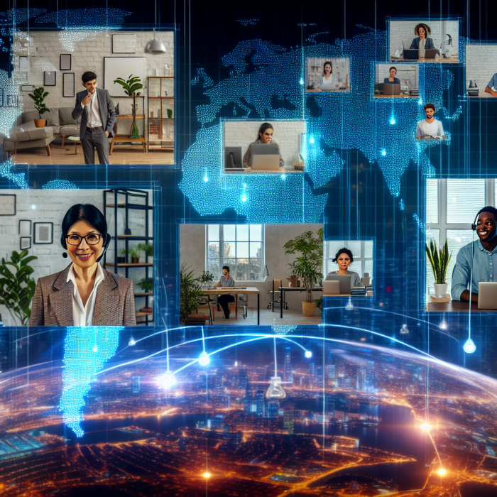A modern global tech workspace visualizing the benefits of hiring remote developers: a wide, cinematic scene showing a diverse, collaborative remote development team connected across the world. In the foreground, a calm, focused business leader sits at a sleek desk in a bright, contemporary office, looking at a large transparent holographic dashboard that shows multiple video call windows, code editors, graphs of rising productivity, and cost savings charts. Around the leader, floating semi-transparent screens show remote developers in different environments: one in a cozy home office with plants and soft lighting, one in a minimalist coworking space in a skyscraper city view at dusk, one in a sunny café, and one in a nighttime setting with a glowing monitor, suggesting global time zones and 24/7 coverage. Each developer appears engaged and professional, collaborating via screens that show snippets of clean code, diagrams, and UI mockups (no readable text). A subtle world map is integrated into the background as a luminous layer, with light lines connecting various continents, symbolizing a global talent pool and seamless connectivity. Small visual cues indicate diversity: different genders, ethnicities, and ages, all in casual-smart attire with headsets or microphones. The overall mood is inspiring, optimistic, and business-focused, emphasizing efficiency, flexibility, and innovation. Style is high-end digital illustration with semi-photorealistic characters and environments, slightly stylized for clarity and appeal. Composition is balanced: the business leader and central holographic interface in the middle, remote developers on floating panels arranged in an arc around them, and the glowing world map subtly behind everything. Color palette is clean and modern: deep blues and teals for technology and trust, accents of electric cyan and soft gradients of purple and magenta for a futuristic, innovative feel, with warm skin tones and natural colors in the remote environments. Lighting is bright but soft, with a gentle glow from the screens casting light on faces and desks, suggesting a digital yet human-centered world. No text or logos anywhere, just clear visual storytelling of remote collaboration, global hiring, cost-effectiveness, and productivity.