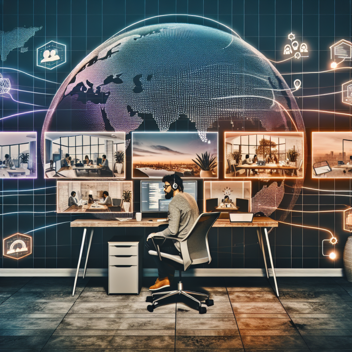 A modern startup command center showing a diverse, global team of remote developers seamlessly collaborating across continents. In the foreground, a focused startup founder sits at a sleek desk in a contemporary home office, facing several large curved monitors. On the screens are live video tiles of developers from different countries and cultures, code editors, agile boards, and charts showing growth and success. Surrounding the founder’s workspace, semi-transparent holographic lines and glowing connection nodes extend outward, visually linking to multiple small vignette scenes sprinkled across a faint world map in the background. Each vignette shows remote developers working in different environments: a coder in a cozy apartment at night with city lights outside; another in a minimalist coworking space with plants; someone on a balcony overlooking a sunrise; another in a small studio with dual monitors. Subtle icons and visual cues highlight benefits: a calendar and clock symbolizing time zone flexibility, a piggy bank and downward arrow for cost savings, a glowing lightbulb for innovation, a shield for security and reliability, a checklist and gears for scalability and productivity, and a globe representing global talent access. The scene feels optimistic, efficient, and future-ready, with a tone of strategic growth and empowerment rather than hustle or chaos. Style: clean, high-end digital illustration with light cinematic realism, crisp lines, and soft gradients, similar to premium tech brand artwork. Composition: wide-angle view with the founder and monitors in the lower center, global network and remote vignettes radiating out and upward, forming an elegant arc that guides the eye through the entire story. Color palette: cool, modern tech tones—blues, teals, and purples—balanced with warm accent lighting from screens and desk lamps in oranges and soft gold. Lighting: soft but focused, with subtle glow effects on screens and connection lines, creating depth and a sense of digital harmony. No text or logos anywhere, just visual storytelling of a startup unlocking success by hiring remote developers.