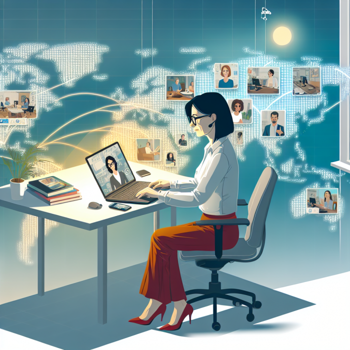 A modern, inspiring digital illustration showing a diverse global remote team collaborating seamlessly across locations, symbolizing both the benefits and challenges of remote work. In the foreground, a professional in business-casual attire sits at a tidy home office desk, focused but relaxed, lit by soft natural daylight from a nearby window. Their workspace includes a laptop with a visible (but text-free) video call interface showing several teammates in small windows: different genders, ethnicities, and ages, each clearly in different environments (a cozy apartment, a café, a coworking space, a minimalist office, a tropical location with palm trees outside a window). Behind and around the main character, the background subtly transforms into a stylized world map made of glowing network lines and nodes, connecting all the remote workers. Floating translucent UI elements and icons (clocks showing different time zones, a calendar, task boards, chat bubbles, connection signal, a small warning/exclamation symbol) hover in the air around them, visually representing productivity, coordination, time zone complexity, communication, and management challenges. Some icons glow in warm colors (to represent flexibility, access to global talent, cost savings, increased productivity), while a few are cooler or slightly muted (to indicate communication gaps, isolation, and management difficulties), creating a balanced visual between opportunity and challenge. The overall mood is optimistic, professional, and forward-looking, emphasizing strategic collaboration and modern business. Style is clean, high-end digital illustration with slight isometric and tech-corporate design influences, crisp lines, and subtle gradients. Composition is a medium-wide shot, centered on the primary worker, with the connected teammates and network map forming an arc around them, drawing the viewer’s eye across the global connections. Color palette uses cool blues and teals for technology and global connectivity, contrasted with warm oranges and soft yellows for human connection and opportunity. Lighting is bright but gentle, with a subtle glow effect on the network lines and UI elements, conveying clarity, modernity, and the evolving nature of remote work in business. No text anywhere in the image.