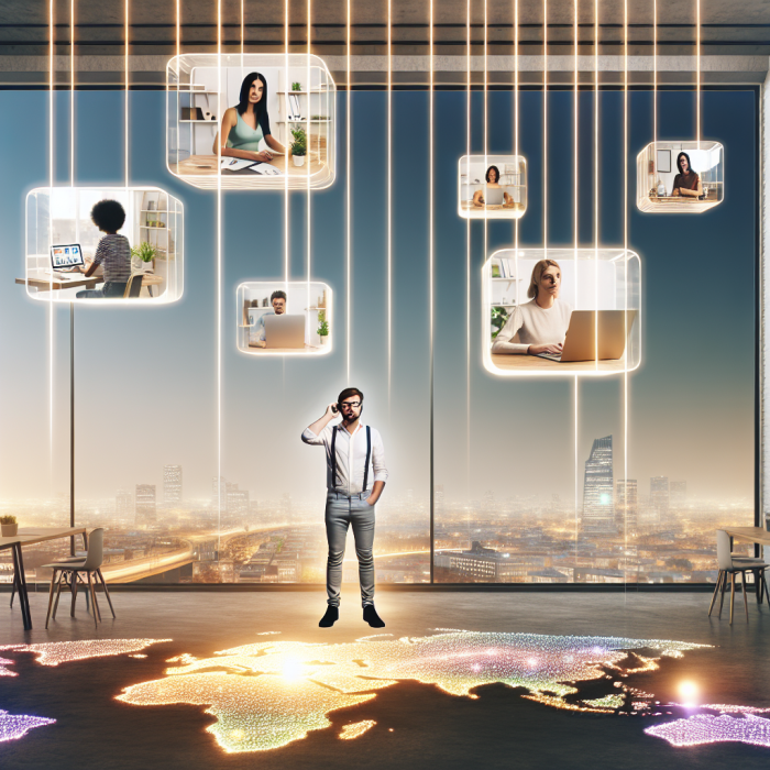 A spacious, modern, open-concept workspace floating above a stylized world map, symbolizing a global remote workforce. Instead of traditional cubicles, multiple semi-transparent “digital windows” or holographic screens hover in the air, each showing a different remote employee in their own unique environment: one in a cozy home office with plants and a laptop, another in a cafe with headphones, another on a sunny balcony overlooking a city, and one in a minimalist studio with dual monitors. All are professionally dressed casual, engaged and focused, collaborating via video calls, shared screens, and messaging icons connecting between the windows like soft glowing lines. In the center foreground, a calm, confident business leader stands at a sleek, minimalist desk with a laptop open, looking at a large, floating dashboard displaying charts, rising graphs, and productivity metrics, subtly implying cost savings and efficiency. Around the scene, small visual cues hint at key benefits of remote work: a smaller physical office footprint visible below as a compact, energy-efficient building; a diverse team represented by different ages, ethnicities, and genders in the digital windows; a small clock icon seamlessly showing multiple time zones; a tiny airplane and pin icons over the globe suggesting global talent and reach. The overall mood is optimistic, forward-thinking, and professional. Lighting is bright and soft, with natural daylight streaming in as if from large unseen windows, creating gentle reflections on glass and metal surfaces. Color palette is clean and modern: blues and teals for technology and trust, accented with warm oranges and soft greens to convey balance, well-being, and creativity. Artistic style: high-end digital illustration with semi-photorealistic characters and slightly stylized environments, crisp lines, and subtle gradients. Composition is a wide cinematic shot, slightly elevated angle, with the business leader in the lower center and the floating digital windows forming an arc around them, drawing the eye around the scene and emphasizing connection, flexibility, and the strategic business benefits of remote employees.