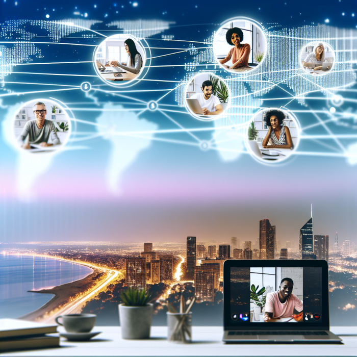 A wide cinematic digital illustration showing a diverse, global team of remote software developers and engineers collaborating seamlessly across locations, symbolizing the future of work and remote hiring. In the foreground, a modern laptop is open on a minimalist desk, its screen showing a video call grid with several faces: a woman in a cozy home office with plants and books, a man working from a bright beach café with headphones, another engineer in a high-rise city apartment at night with skyline lights behind him, and a developer in a rural setting near a window overlooking mountains. Each environment is subtly visible around their video windows, hinting at different countries and time zones. Behind and above the laptop, the scene opens into a stylized world map made of softly glowing lines and nodes, representing a global network. From different points on the map, semi-transparent “work bubbles” appear: one shows a developer pair-programming with code glowing on a large monitor, another shows a team reviewing UI/UX wireframes on a tablet, another shows a DevOps engineer monitoring cloud infrastructure dashboards, and another shows a product manager pointing at a virtual Kanban board floating in mid-air. Fine connecting lines link these bubbles, indicating constant communication and collaboration. Scattered subtly around the composition: abstract icons for cloud computing, security shields, code brackets, gears, and productivity graphs, all integrated into the network lines, emphasizing scalability, cost-efficiency, and innovation. In the middle distance, ghosted silhouettes of office skyscrapers are dissolving into the background, symbolizing the shift away from traditional office-only work toward flexible, remote-first models. The mood is inspiring, forward-thinking, and optimistic. The artistic style is polished digital art with semi-photorealistic characters, clean tech aesthetics, and a slight futuristic touch (holographic UI elements, floating windows). Composition is a wide shot with the laptop and desk anchoring the bottom third, the world map and network filling the upper space, and work bubbles arranged in a gentle arc around the center to guide the eye. Color palette: cool, modern tech tones—deep blues, teals, and soft purples—accented with warm highlights (golden light on faces, subtle orange reflections) to convey human warmth and connection. Lighting is soft but dynamic, with gentle glows around the network lines and work bubbles, creating a sense of energy and innovation without feeling chaotic. No text or logos anywhere in the image.