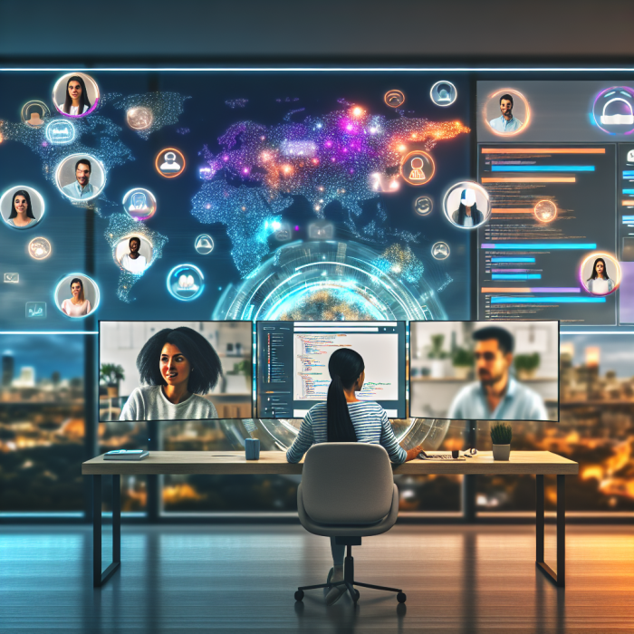 A modern, inspiring digital illustration showing a diverse global team of remote software developers collaborating seamlessly across continents, symbolizing the benefits of hiring remote developers for a company. In the foreground, a confident tech team lead sits at a minimalist desk in a contemporary office space, facing a large, ultra-wide monitor filled with clean, vibrant UI elements: code editors, task boards, video call windows, and productivity charts. On the monitor, several remote developers appear in floating video call tiles and holographic-style windows, each in a distinct environment: one in a cozy home office with plants and warm lighting, one in a sleek coworking space with city skyline windows, one in a minimalist room with a standing desk, and another in a casual café-like setting. Emphasize diversity in gender, ethnicity, and age. In the midground and background, a semi-transparent digital world map arcs behind the monitor, with glowing lines connecting different cities and time zones, visually representing global talent, flexibility, and around-the-clock productivity. Subtle icons float around the scene: small, tasteful symbols for cloud computing, security shields, time zone clocks, and growth charts, suggesting cost-efficiency, scalability, and business growth without cluttering the frame. The overall atmosphere is optimistic, professional, and future-forward. Composition is a medium-wide shot from a slightly elevated, cinematic angle, focusing on the central figure and the large screen while clearly showing the connected global teammates and map. Style is high-end digital illustration, semi-realistic with clean, crisp lines and smooth gradients, similar to modern tech company hero images or SaaS landing pages. Color palette: cool blues and teals for technology and connectivity, contrasted with warm accent tones (oranges and soft yellows) for human warmth and collaboration. Lighting is soft but luminous, with a subtle glow around the map lines and screen elements to suggest innovation and digital connectivity. No text anywhere in the image.