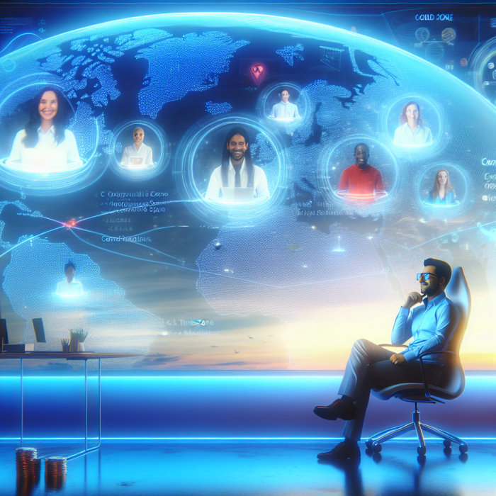 A futuristic, inspiring digital illustration showing a diverse team of remote software developers seamlessly connected across the globe, symbolizing productivity, flexibility, and cost-efficiency. In the center foreground, a confident project manager sits at a sleek desk, facing a large curved holographic screen displaying multiple live video tiles of remote developers working from different locations and time zones. Each tile shows a unique environment: a cozy home office with plants and a dog sleeping nearby, a modern co-working space with panoramic city views, a nighttime setting with soft blue light and a glowing monitor, and a minimalist desk in a sunny room with natural light. Around the central figure, semi-transparent holographic elements float in the air: code snippets, analytics charts, a world map with glowing connection lines between continents, icons representing time-zone clocks, cost savings (e.g., a downward arrow next to a coin symbol), and productivity graphs trending upward. The world map is subtly integrated in the background, with bright nodes marking different cities, all interconnected by luminous lines, emphasizing global collaboration. The developers on the screens are diverse in gender, ethnicity, and age, all focused and engaged, some wearing headphones, some gesturing as if in active discussion. Subtle UI elements hint at collaboration tools (chat bubbles, task boards, commit notifications) without including any readable text. The overall setting feels high-tech yet human-centered, blending technology with warmth. Art style: high-end digital art with semi-photorealistic characters and environments, slightly stylized for a clean, modern SaaS/tech blog aesthetic. Composition: wide cinematic shot, central focus on the manager and the holographic screen, with the world map and connection lines creating a dynamic arc in the background. Color palette: cool tech blues and teals combined with warm accent colors (oranges and soft yellows) to evoke trust, innovation, and approachability. Lighting: soft but dramatic, with gentle glows from monitors and holograms, creating depth and contrast without being dark or dystopian. No text, logos, or UI labels visible, just clear visual storytelling of global remote software development, scalability, flexibility, and business benefits.