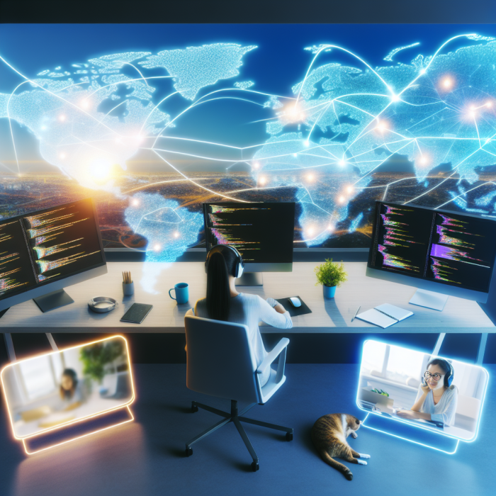 A modern remote software engineer’s workspace split between physical and virtual worlds: in the foreground, a focused software engineer sits at a clean, minimalist desk in a cozy home office, illuminated by warm natural light from a large window. Multiple ultra-wide monitors display colorful code editors, architectural diagrams, and video call tiles with diverse teammates collaborating. Around the desk are subtle, tasteful hints of work–life balance: a coffee mug, a small plant, a notebook with a pen, noise-canceling headphones resting on the desk, and a sleeping cat or dog nearby, conveying comfort and stability. The background gradually transforms into an abstract, futuristic digital landscape representing global remote collaboration: semi-transparent world map overlays, glowing connection lines linking distant cities, floating holographic windows of code reviews, task boards, and chat messages, all gently orbiting the main character. Small, soft-focus vignettes appear in the distance: silhouettes of other engineers working from different environments (a café, a different home office, a quiet balcony), each connected by the same glowing network threads, symbolizing distributed teams and asynchronous work. The overall mood is inspiring, calm, and empowering, emphasizing autonomy, deep focus, and meaningful connection rather than chaos. The composition is a cinematic wide shot from a slightly elevated angle, with the main engineer centered but framed by monitors and digital overlays that subtly arc around them, suggesting both individual craftsmanship and being part of a larger system. No text or logos in the image. Art style: high-end digital illustration with semi-realistic characters and environments, clean lines, and subtle futuristic UI elements, similar to modern tech editorial artwork. Lighting is warm on the physical desk area, transitioning to cooler, soft glows in the digital background, with a harmonious palette of warm neutrals, teal, cyan, and deep blues. High resolution, sharp focus on the main subject, gentle depth of field blurring the distant digital and global elements.