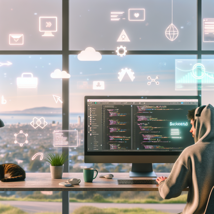 A modern, inspiring digital illustration representing “top remote backend developer job boards in 2025.” Show a diverse backend developer (gender-neutral, mid-20s to 30s, casual hoodie and headphones) working from a cozy, well-lit home workspace. The room subtly suggests “remote work freedom”: a large window with a distant city skyline and mountains, maybe a hint of ocean, soft daylight streaming in, a plant, a coffee mug, and a sleeping cat on the desk or chair. On the large ultrawide monitor, instead of specific brand logos or text, display multiple abstract panels and floating UI cards representing different job boards and remote job listings: clean, minimal tiles, search bars, filters, icons of briefcases, globes, code brackets, Wi-Fi, and cloud symbols. Some panels show stylized code snippets and database icons (cylindrical database symbols, API nodes, network diagrams) to emphasize “backend.” Small glowing connection lines link the cards together, evoking a network of opportunities. In the background, faint holographic elements float above the desk: translucent icons of servers, cloud infrastructure, gears, and data flow diagrams, reinforcing backend engineering. Subtle futuristic touches (slight hologram glow, thin light trails) hint that it’s set in 2025 without feeling sci-fi. Art style: high-quality digital illustration, semi-realistic with clean, techy, polished UI design. Composition: three-quarter view from behind and slightly above the developer’s shoulder, focusing on the monitor and holographic job-board elements while still clearly showing the cozy remote environment. Lighting: soft natural daylight from the window combined with gentle monitor glow, creating a productive and optimistic mood. Color palette: modern and professional — cool blues and teals for tech elements and UI, accented with purples and cyan glows; warm neutrals and soft browns for the room, desk, and furniture; a touch of green from the plant. No visible text or real-world brand logos, just abstract symbols and interface shapes. The overall feeling should be inspiring, focused, and forward-looking, capturing the idea of exploring top remote backend job opportunities in a connected global landscape.