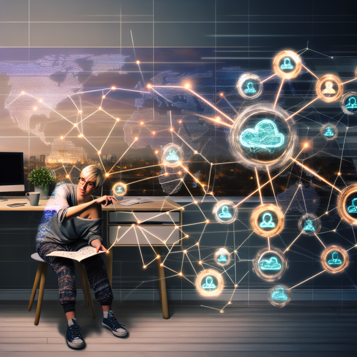 A remote software engineer thoughtfully mapping out a long-term career path, blending a real-world home office with a futuristic digital roadmap interface. The main subject is a mid-career engineer (gender-ambiguous or subtly androgynous, globally relatable, casual attire) sitting at a clean, modern desk in a cozy, well-lit home workspace. A laptop is open in front of them, but the key focus is a large semi-transparent holographic career roadmap projected above and around the desk. The holographic roadmap stretches into the distance like a glowing path made of interconnected nodes and branches, symbolizing different stages of a remote engineering career: starting roles, specialization tracks (backend, frontend, DevOps, data, etc.), senior and staff positions, leadership paths, and independent/freelance options. Each node is represented by simple, abstract icons (no text), such as laptop symbols, cloud icons, gears, network patterns, and people silhouettes for collaboration and mentoring. Some nodes glow more brightly, showing deliberate, strategic choices, while faint alternate paths branch off, hinting at flexibility and experimentation. In the background, subtle elements emphasize remote, global work: a large world map on a wall with soft glowing connection lines, or faint outlines of different city skylines and time zones in the distance, all integrated into the holographic interface. On the desk, there are a few thoughtfully placed items: a notebook with sketched flowcharts, a mug, headphones, and a small plant, hinting at balance, focus, and long-term growth. A second monitor shows abstract charts and progress graphs, reinforcing planning and goal-tracking. The engineer’s posture is engaged and reflective, one hand lightly touching or dragging a node on the holographic path, suggesting active planning and iterative career design. Their expression is calm, focused, and optimistic, conveying intention and confidence rather than stress. Art style: high-end digital illustration, semi-realistic with clean lines and a slightly cinematic feel. Composition: medium-wide shot, three-quarter angle from slightly above the desk, allowing clear view of the person, the workspace, and the roadmap stretching forward, almost like a path into the future. Color palette and lighting: warm, inviting interior light (soft oranges and neutrals) contrasted with cool, futuristic holographic blues, teals, and purples. Gentle rim lighting from the holographic interface reflects on the engineer’s face and hands, suggesting inspiration and clarity. Overall mood: inspiring, strategic, forward-looking, and empowering, capturing the idea of intentionally planning a remote engineering career path in a flexible, global, tech-driven world.