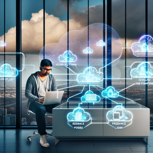 Top 5 Platforms to Find Remote Cloud Engineering Jobs 7 A futuristic yet realistic digital illustration capturing the world of remote cloud engineering jobs. In the center, a focused cloud engineer sits at a minimalist desk in a modern home workspace, wearing casual clothes and headphones, working on a sleek laptop. The environment clearly shows this is remote work: a cozy, well‑lit room with a large window revealing a city skyline and clouds in the sky shaped subtly like data networks. Around the engineer, five semi‑transparent floating holographic panels or screens form a gentle arc, each representing a different remote job platform (generic, without logos or text). Each panel displays abstract icons: one with a stylized briefcase and globe (global job board), one with a cloud and server stacks (cloud platforms), one with code brackets and terminal windows (developer platforms), one with a handshake icon (freelance/contract work), and one with a magnifying glass over a world map (remote‑only job search). The panels glow softly, connected by fine luminous lines that resemble data flows or network diagrams, converging toward the engineer’s laptop, symbolizing all opportunities flowing to a single remote worker. In the background, integrate subtle, semi‑transparent cloud computing imagery: layered cloud icons, server racks, Kubernetes‑like cluster symbols, and abstract network graphs faintly visible in the air, blending into the room and skyline to show how cloud infrastructure is everywhere. On the laptop screen, display generic, code‑like patterns and a cloud architecture diagram (no text), highlighting cloud engineering work. Art style: high‑end digital illustration, semi‑realistic with clean, modern UI/UX aesthetics, slightly cinematic. Composition: three‑quarter wide shot, slightly elevated angle, with the engineer in the foreground and the floating panels forming a visual arc behind and around them, drawing the eye toward the laptop. Color palette: cool, professional blues and teals mixed with soft purples, with warm accent lighting from a desk lamp and daylight from the window to balance the scene. Lighting: soft, diffused, with gentle glows from the holographic panels and laptop screen, creating a high‑tech yet inviting atmosphere. No text anywhere in the image, no brand logos, emphasize inclusivity and neutrality in the character’s appearance and workspace.