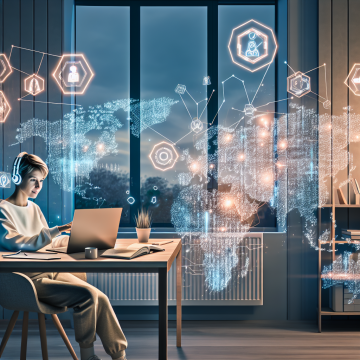 A modern remote AI engineer working from a cozy, well-organized home workspace, symbolizing global remote AI opportunities and future-proof tech careers. The main subject is a focused young professional (gender-ambiguous or subtly androgynous, globally relatable) sitting at a desk with a sleek laptop open, multiple translucent holographic screens floating around them. On these holographic panels are subtle, abstract representations of AI: neural network diagrams, code snippets, data graphs, and small robotic or chip icons (no readable text). Behind the engineer, a large window reveals a distant, stylized world map softly glowing with light points connected by thin lines, representing global remote work connections and international companies hiring AI engineers. Some light points subtly highlight regions like Europe, North America, and Asia, but remain abstract and non-political. The interior is a blend of Scandinavian and tech-minimalist: clean desk, ergonomic chair, small plant, soft indirect lighting, a pair of headphones, and perhaps a notebook and pen to show both technical and human aspects of the work. A subtle coffee mug or water bottle suggests comfort and sustainability during long focus sessions. No clutter, but enough detail to feel lived-in and realistic. The mood is inspiring, calm, and optimistic, with a sense of focus and possibility. The lighting is warm-cool balanced: warm ambient light from a desk lamp, with cool bluish glow from the laptop and holographic screens, creating a techy yet inviting atmosphere. Early evening or late-afternoon feel, with soft light coming through the window. Artistic style: high-end digital art, semi-photorealistic with a slightly cinematic look, crisp details, shallow depth of field that keeps the engineer and digital interfaces in sharp focus while the background remains softly blurred. Colors: deep blues and teals for the digital elements, contrasted with warm wood tones and soft neutrals in the room, and subtle golden accents in the world map connections. Composition: three-quarter wide shot from slightly above desk level, placing the engineer slightly off-center (rule of thirds), with holographic interfaces curving around them and the glowing world map visible over their shoulder. The overall image should clearly convey “remote AI engineering,” global opportunity, and a future-oriented tech career, without including any text or logos.