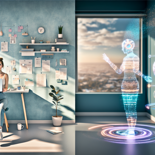 AI vs Humans: Should You Hire Remote Workers or AI Agents 9 A split-screen futuristic workspace showing the contrast and collaboration between a remote human worker and an AI agent, modern cinematic digital art style. On the left side: a diverse remote worker (gender-neutral, mid-30s, casual-smart clothing) sits in a bright, cozy home office with a laptop, plants, a coffee mug, and personal items. Their environment feels warm, human, and slightly imperfect: sticky notes, a sketchpad, soft natural light from a window, warm neutral colors. The human is focused but relaxed, gesturing thoughtfully at their screen, suggesting creativity, empathy, and strategic thinking. On the right side: a sleek, semi-transparent AI agent represented as a luminous, humanoid figure made of flowing data streams and geometric shapes, seated at a holographic workstation. The AI workspace is minimal, ultra-modern, and efficient: floating screens, glowing graphs, automated workflows, cool blue and teal tones, with subtle circuitry patterns in the background. The lighting is cooler and more clinical, with soft glowing highlights. In the center where the two halves meet, their digital workspaces blend and overlap into a shared holographic interface: charts, timelines, task boards, and icons representing project management, customer support, data analysis, and creative work. Some icons visually imply “repetitive tasks” flowing more toward the AI side, while abstract symbols for “strategy, empathy, creativity” drift slightly more toward the human side. A subtle handshake-like motif made of light appears where the two halves intersect, symbolizing partnership instead of conflict. Overall tone: analytical yet optimistic and inspiring, highlighting balance and decision-making rather than a battle. Composition: wide shot, straight-on angle, clear symmetrical split but with soft blending in the middle to show collaboration. Background: abstract, softly blurred city skyline or global network map hinting at remote, distributed workforces. Color palette: left side warm ambers, soft whites, and gentle greens; right side cool blues, teals, and purples; central overlap glowing with balanced neutral light. High resolution, sharp details, no text.